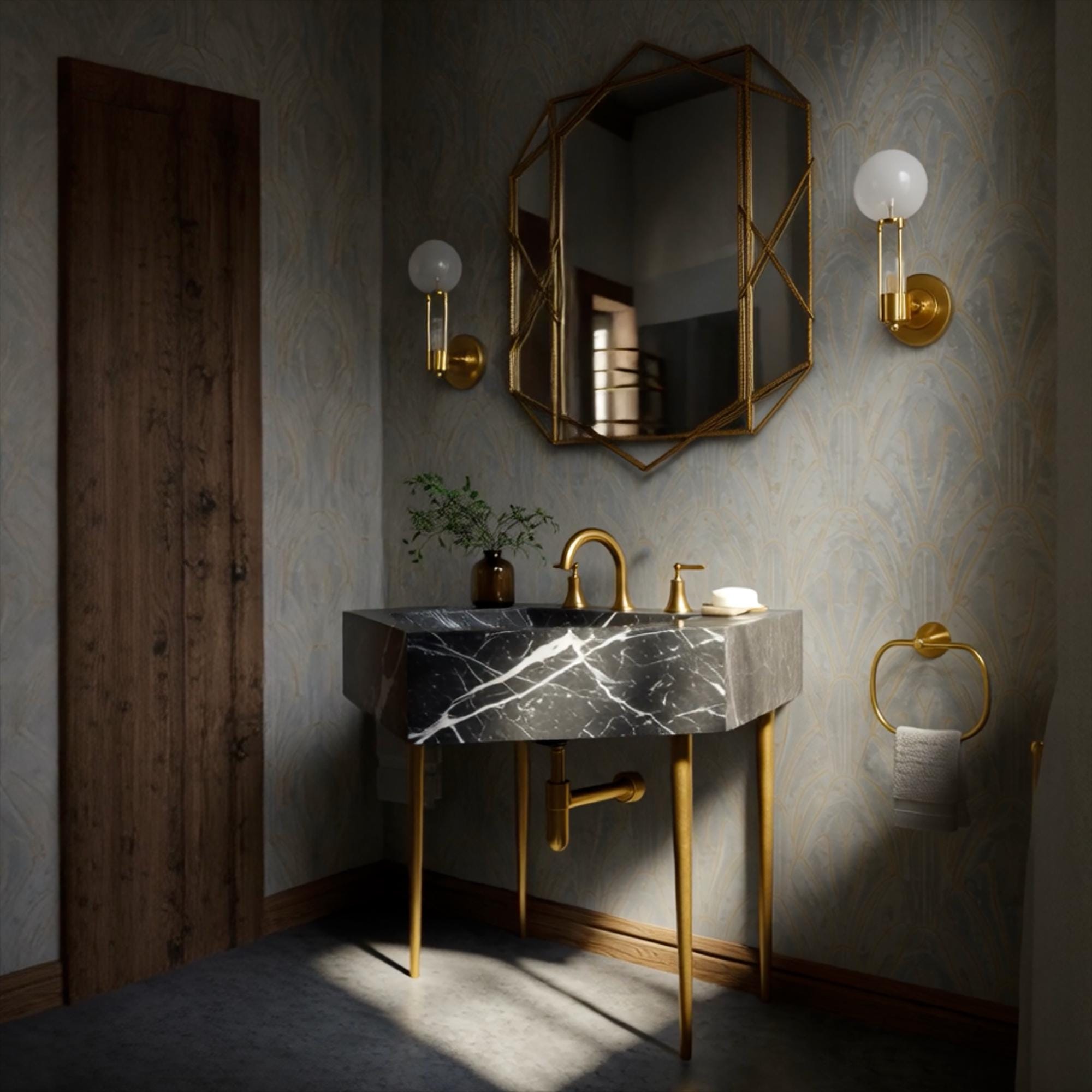 A sculptural Nero Marquina marble console sink with a diamond form, highlighting dramatic black and white veining.
