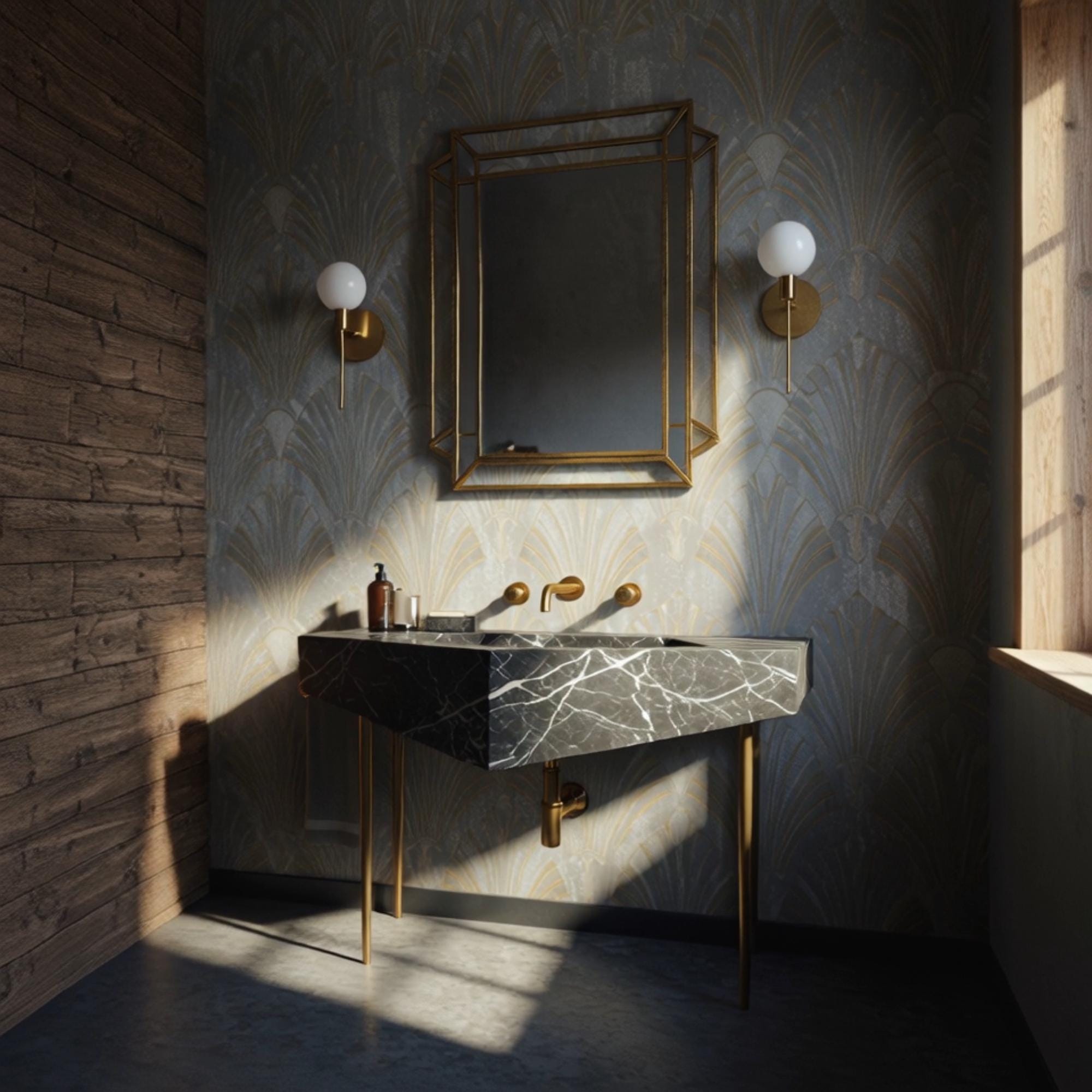 A sculptural Nero Marquina marble console sink with sharp geometric lines, highlighting dramatic black and white veining.

