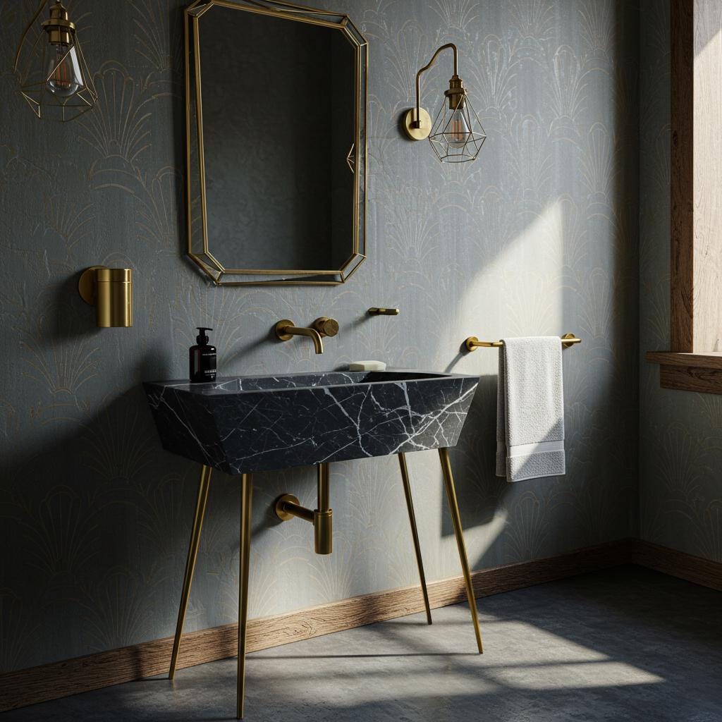 A Nero Marquina marble console sink with a tapered design, featuring bold white veining and supported by slender brass legs in an elegant bathroom setting.
