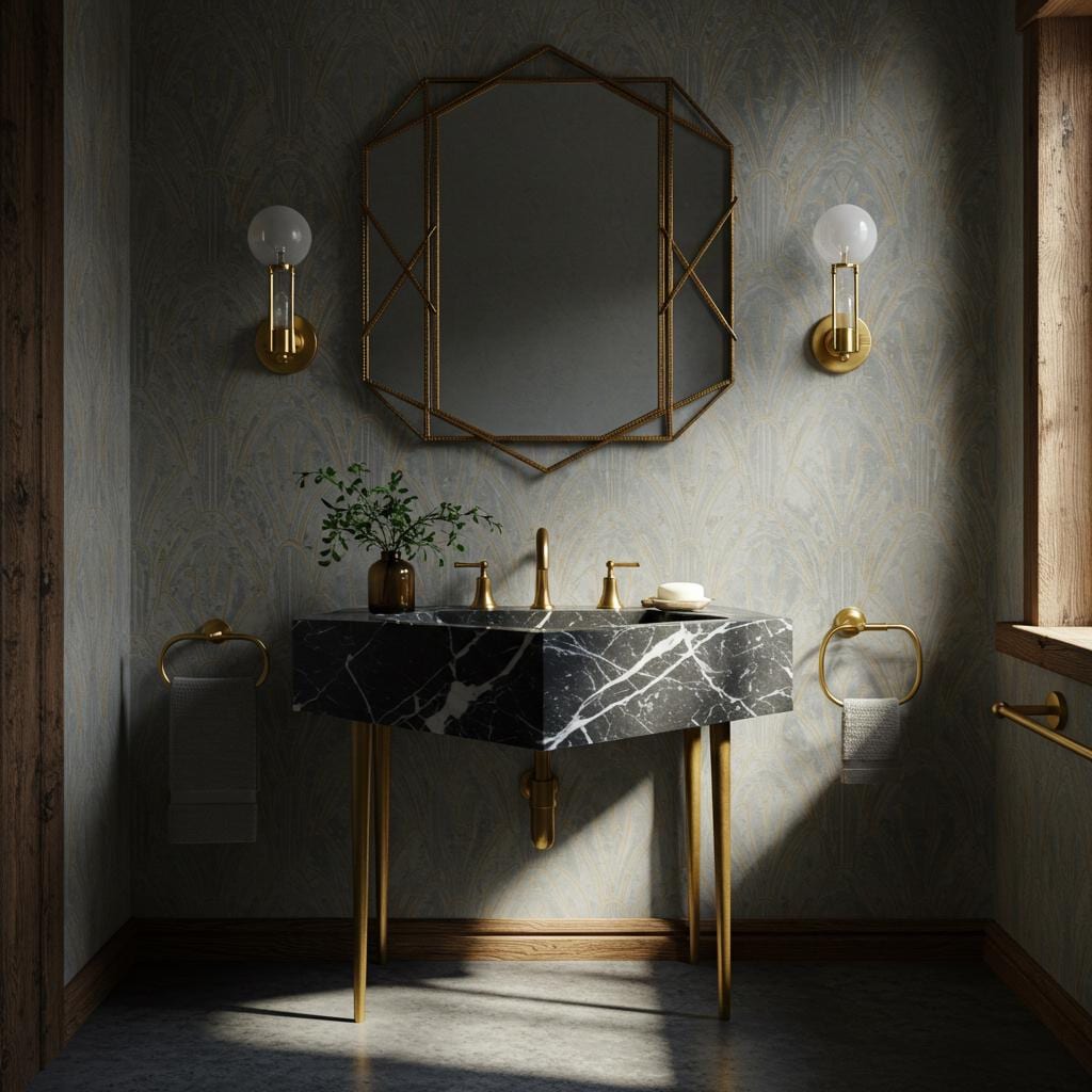 A Nero Marquina marble diamond console sink with bold white veining, supported by slender brass legs in an elegant bathroom setting.
