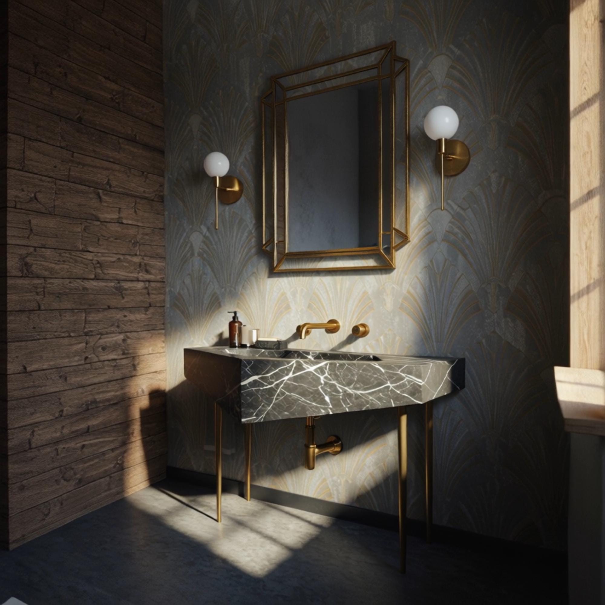 A Nero Marquina marble geometric console sink with bold white veining, supported by slender brass legs in an elegant bathroom setting.
