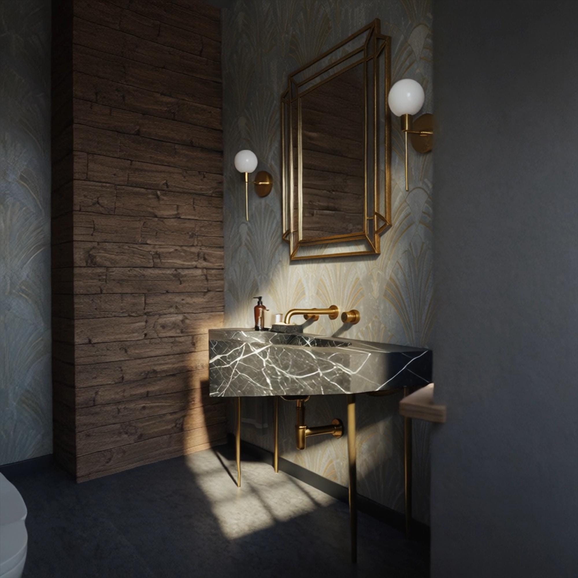 A geometric Nero Marquina marble console sink elevated on brass legs, offering a timeless and architectural bathroom statement.
