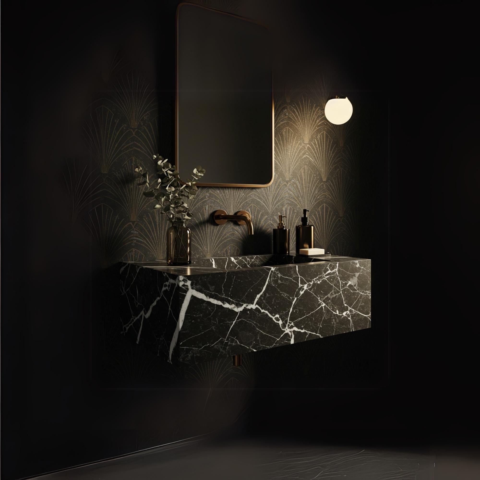 A Nero Marquina marble floating vanity with bold white veining on deep black stone, paired with brass fixtures in a dark, elegant bathroom interior.
