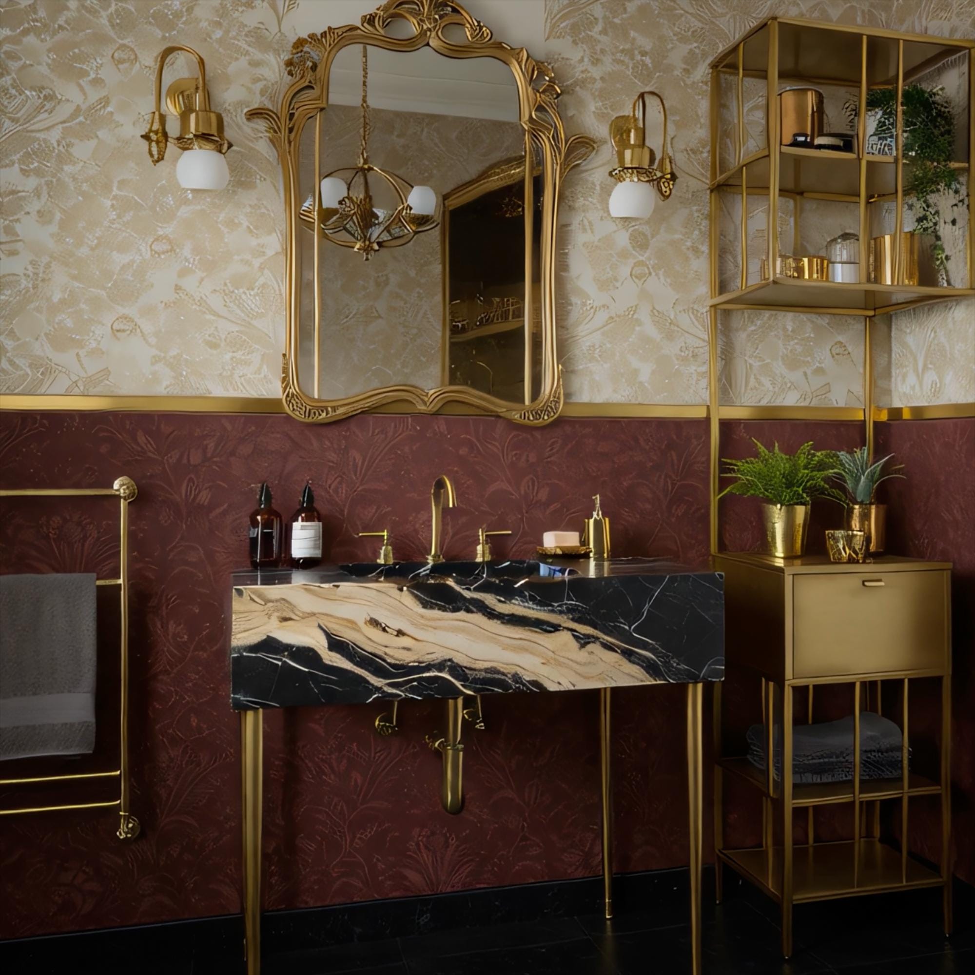 A Nero Portoro marble sink with rich black and gold veining, presented as a console design supported by refined brass legs.
