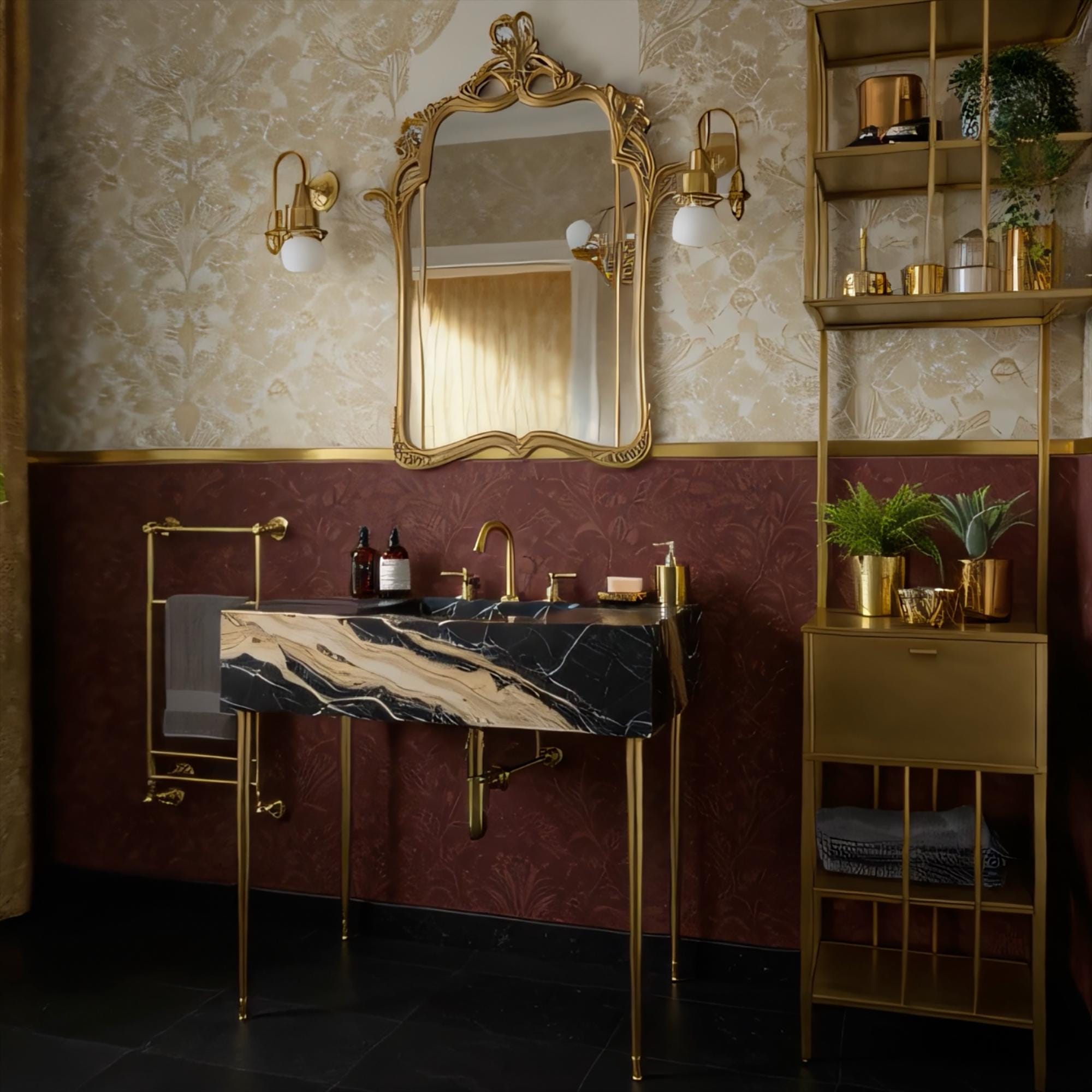 A Nero Portoro marble console sink styled with brass legs and warm lighting, creating a dramatic focal point in a sophisticated bathroom.
