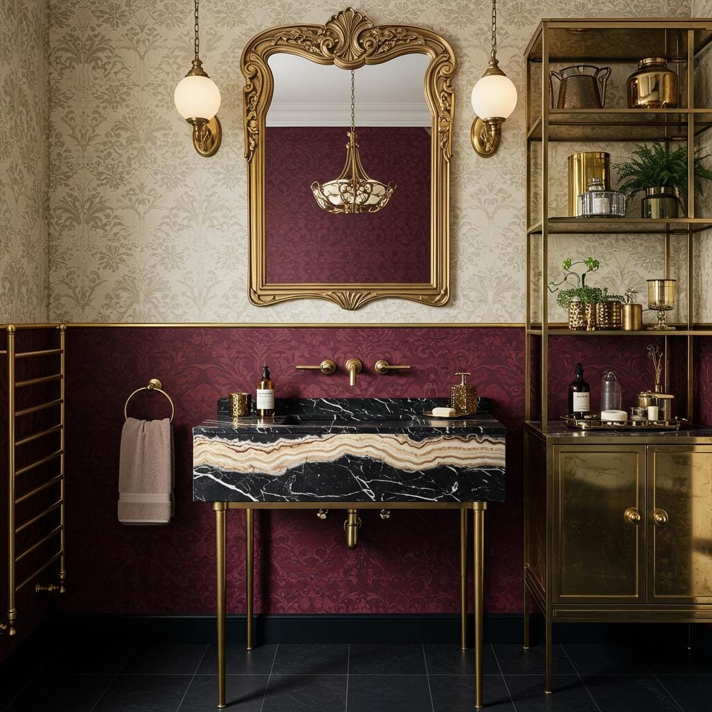 A Nero Portoro marble console sink with striking gold veining, supported by slender brass legs and styled with brass wall-mounted fixtures.

