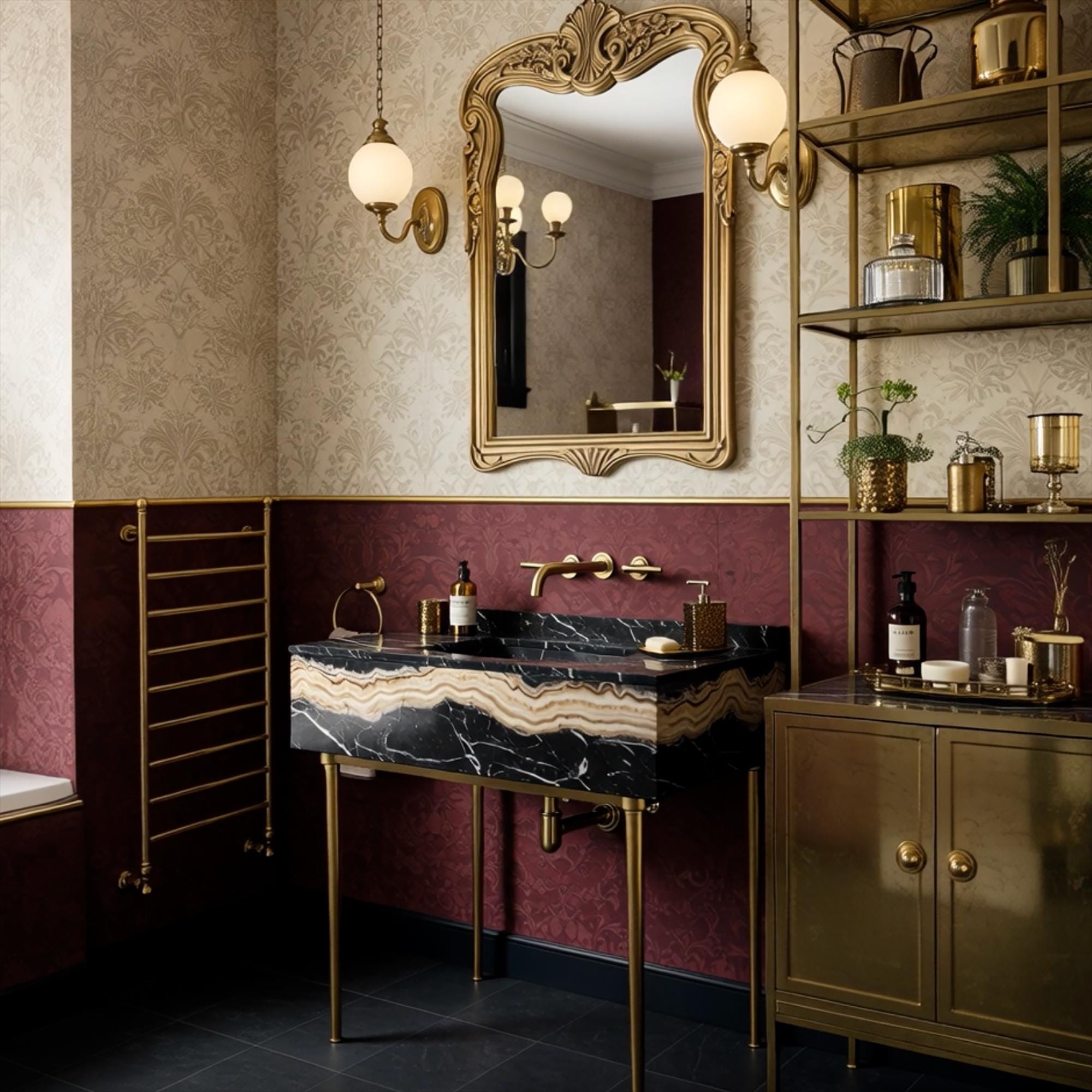 A sculptural Nero Portoro marble console sink with clean lines, highlighting expressive veining and warm brass detailing.
