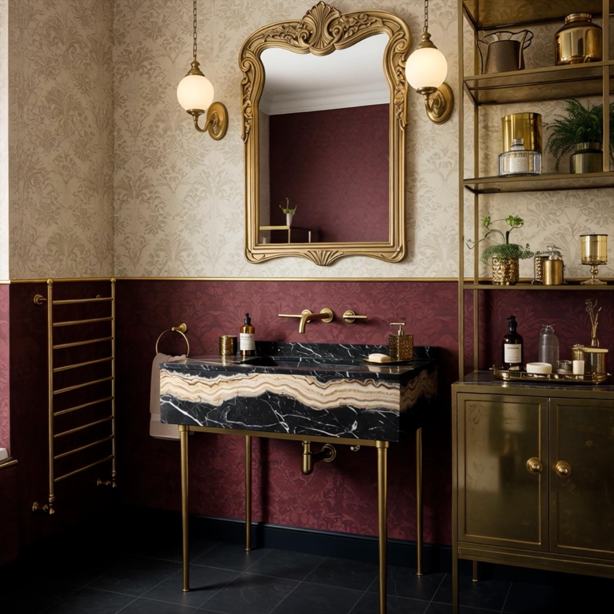 A Nero Portoro marble console sink styled with brass accents, creating a bold focal point in an elegant bathroom setting.
