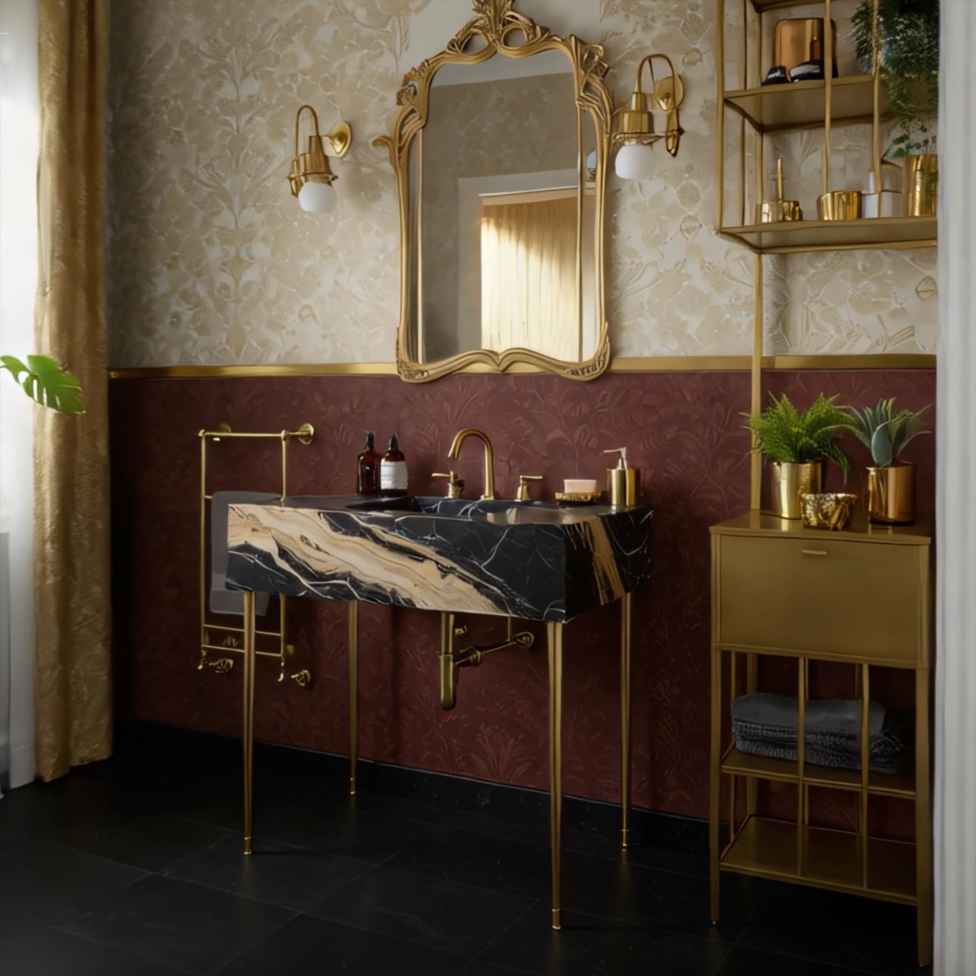 A black Nero Portoro marble console sink with expressive gold veining, paired with elegant brass legs in a timeless interior.
