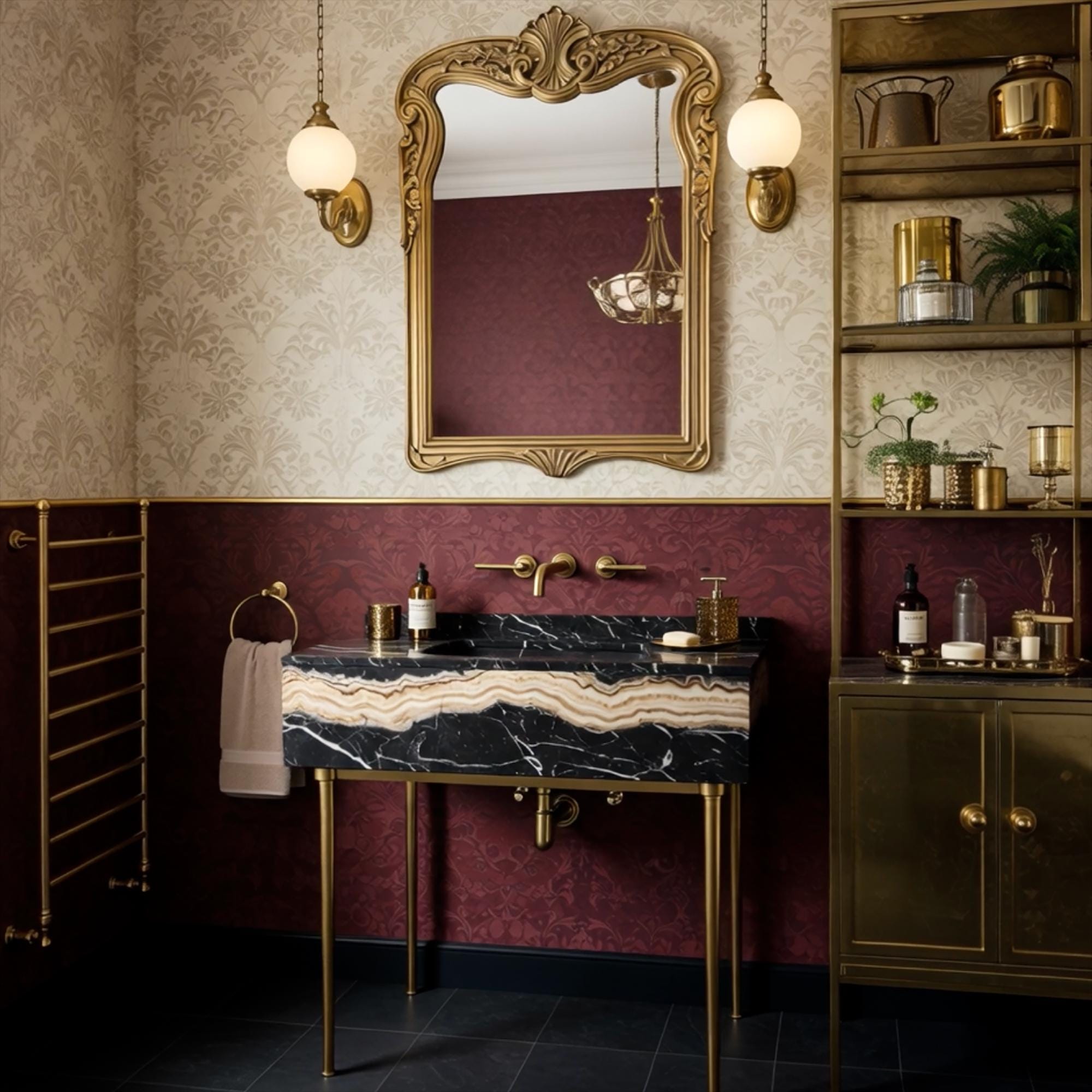 A Nero Portoro marble console sink elevated on brass legs, offering a timeless and architectural bathroom statement.
