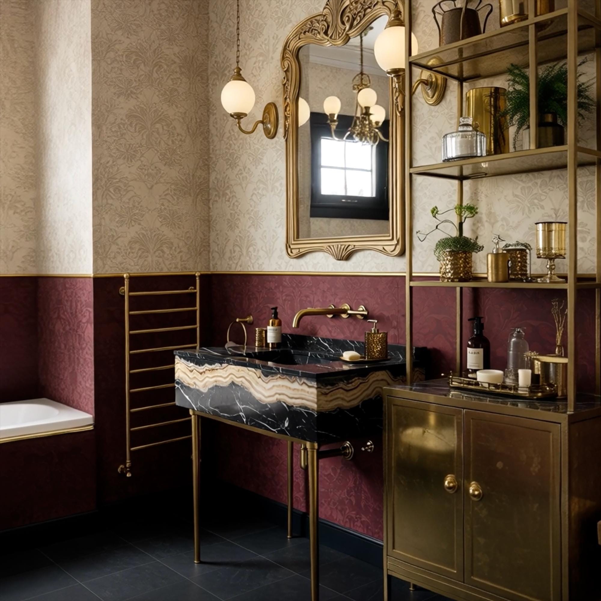A Nero Portoro marble console sink crafted from natural stone, featuring dramatic gold veins and a refined brass stand in a luxury interior.
