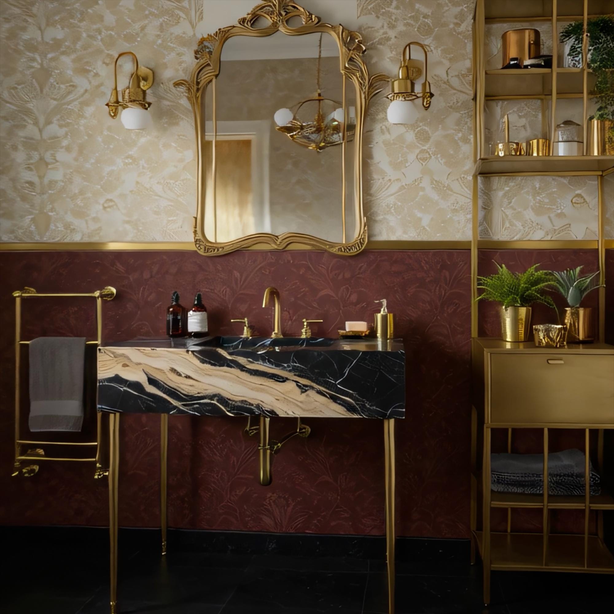 A sculptural Nero Portoro marble console sink with bold veining, elevated on brass legs to create a strong architectural statement.
