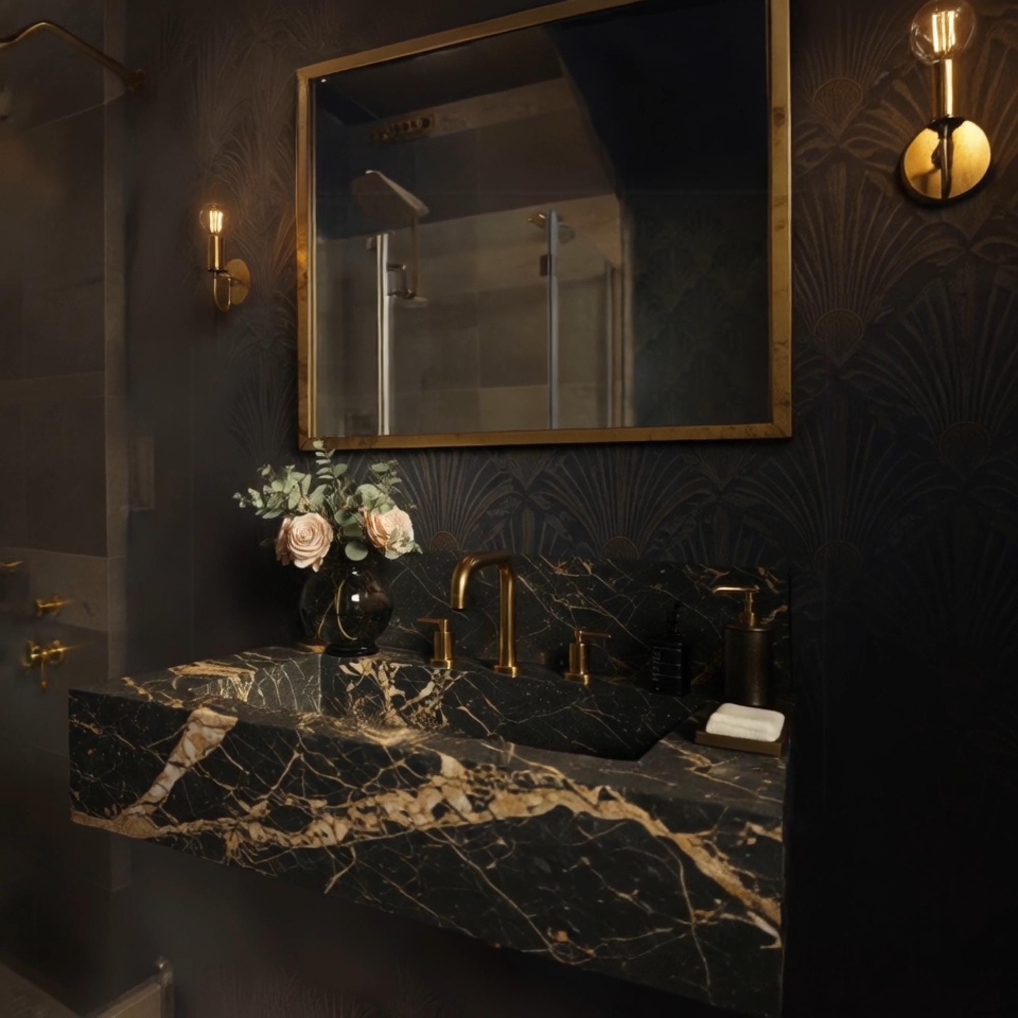 A Nero Portoro marble wall-mounted vanity crafted from natural stone, featuring expressive gold veins and refined luxury styling.
