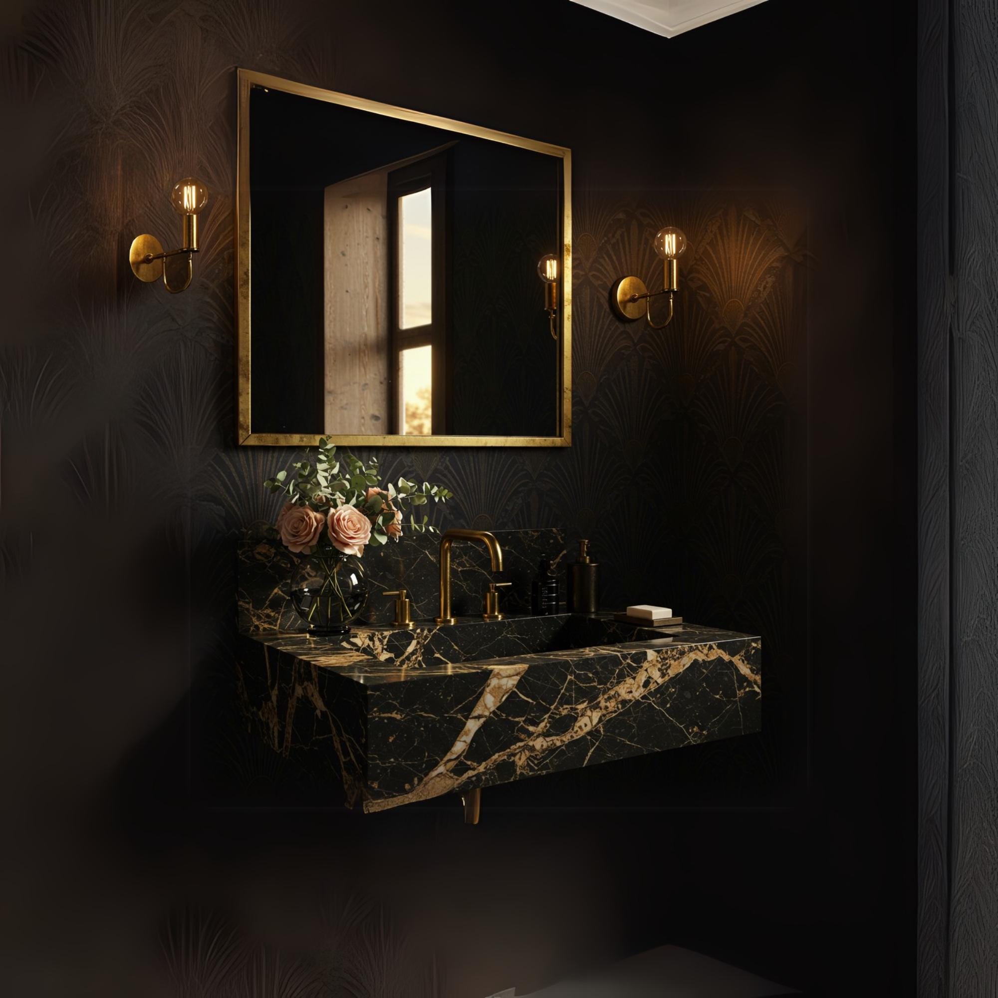 A Nero Portoro marble floating vanity with striking gold lightning veining, styled with brass fixtures in a dark, elegant bathroom setting.
