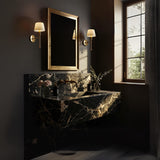 A Nero Portoro marble floating vanity with deep black stone and midnight gold veining, paired with brass fixtures in a dark, elegant bathroom interior.
