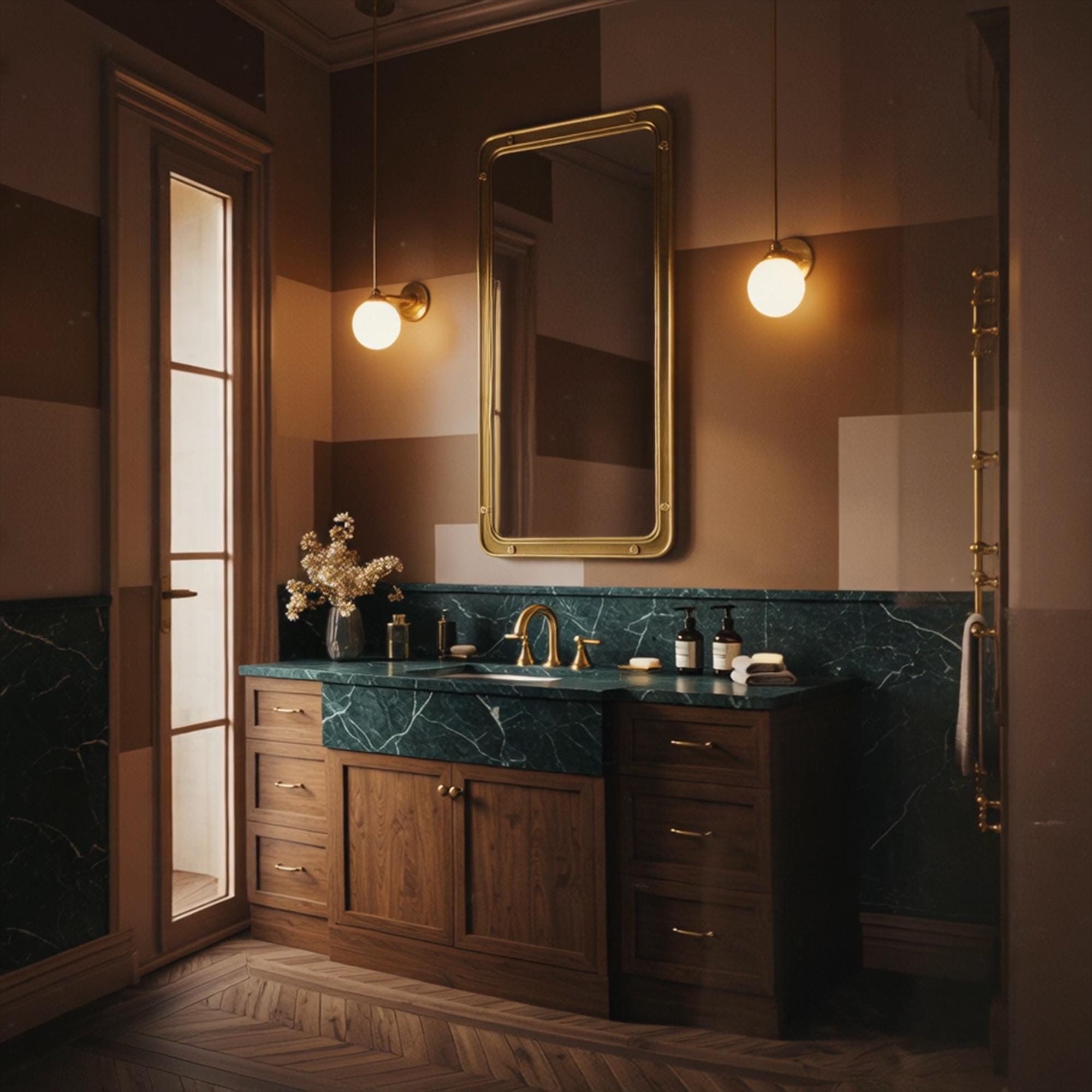 This bathroom vanity features a bold green marble top and warm oak cabinetry, ideal for upscale classic interiors.