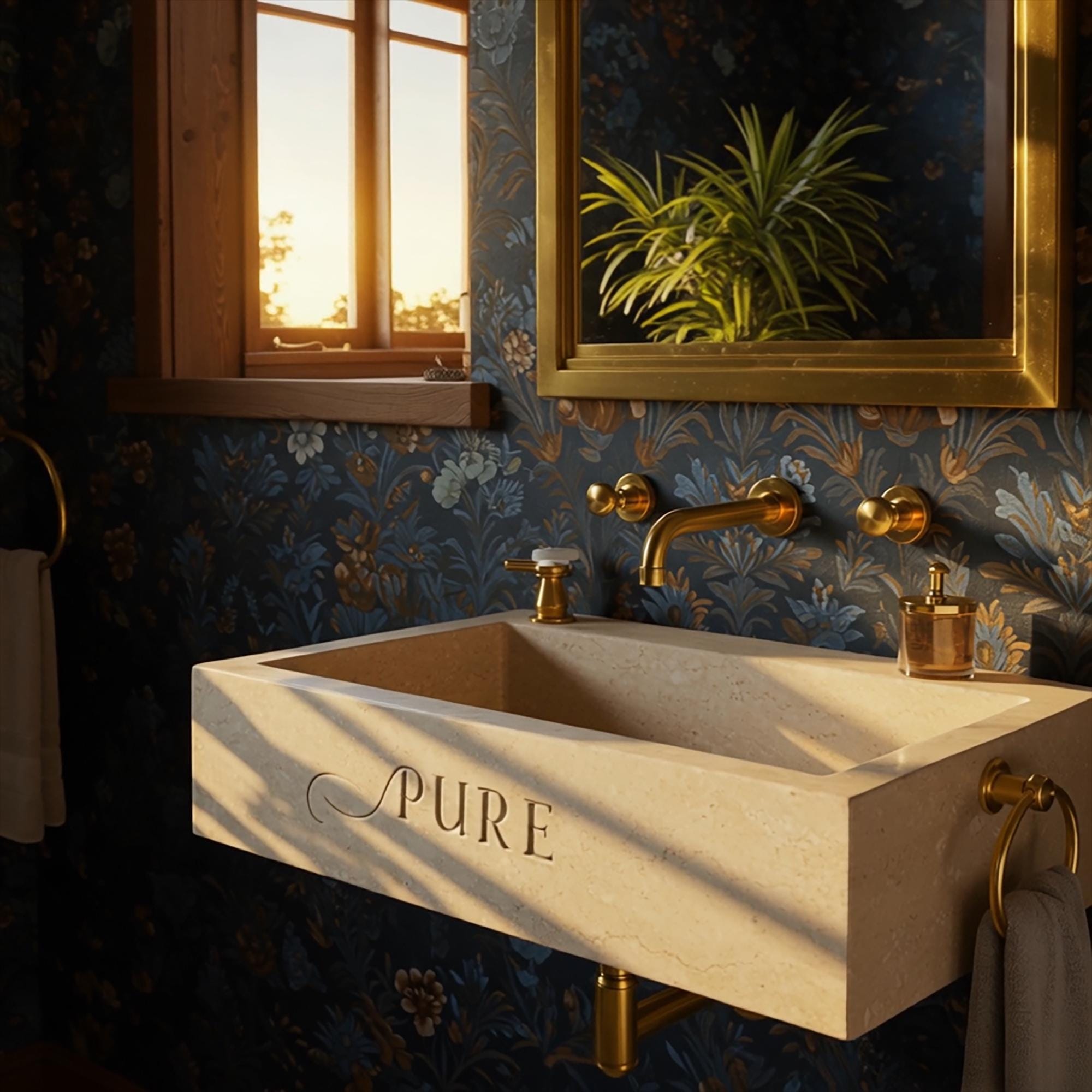 A custom engraved travertine floating sink in soft beige tones, paired with warm lighting and brass hardware in a calm bathroom space.
