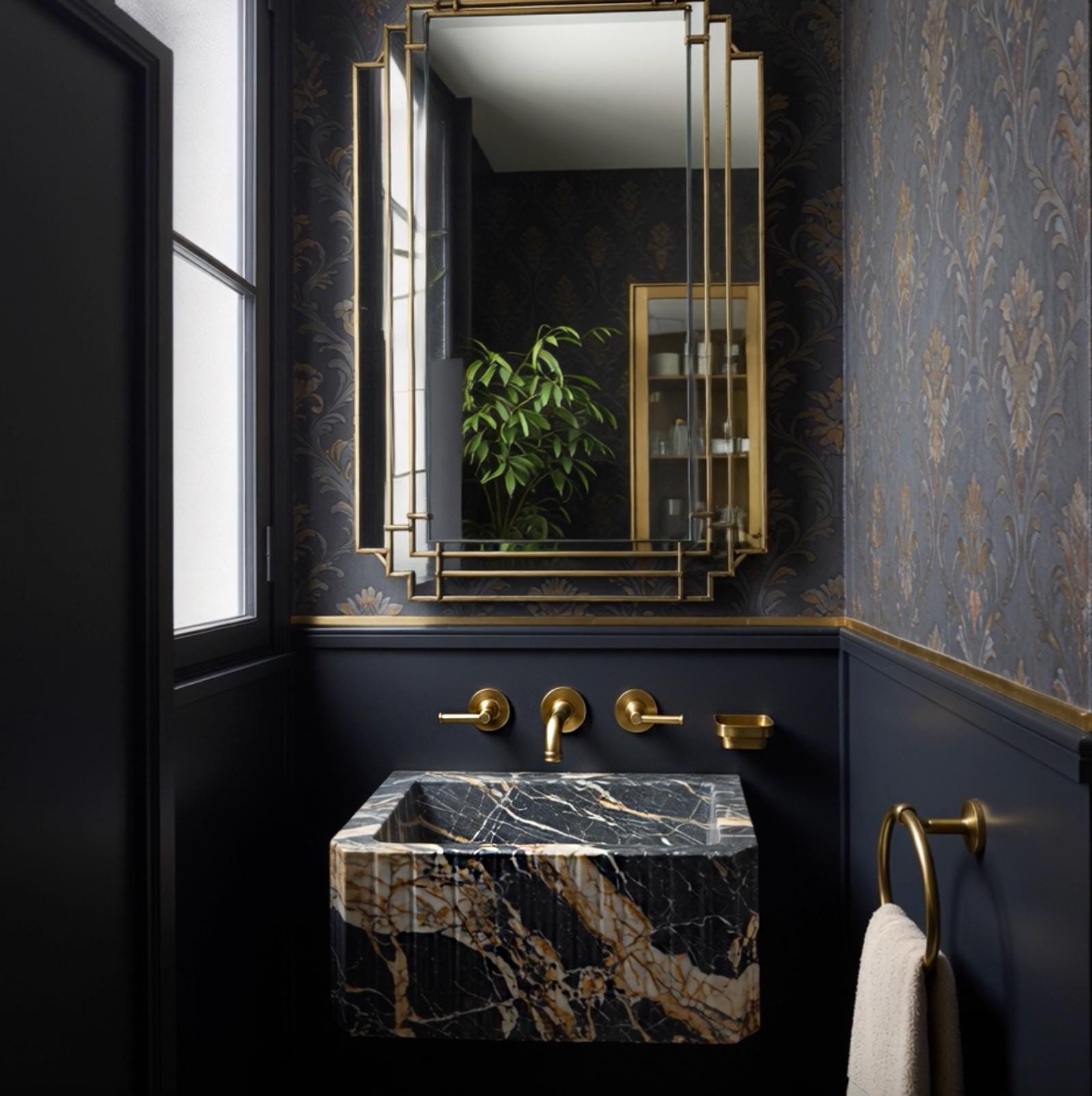 A fluted Picasso marble wall-mounted sink featuring vertical carving, chamfered edges, and richly patterned natural stone.
