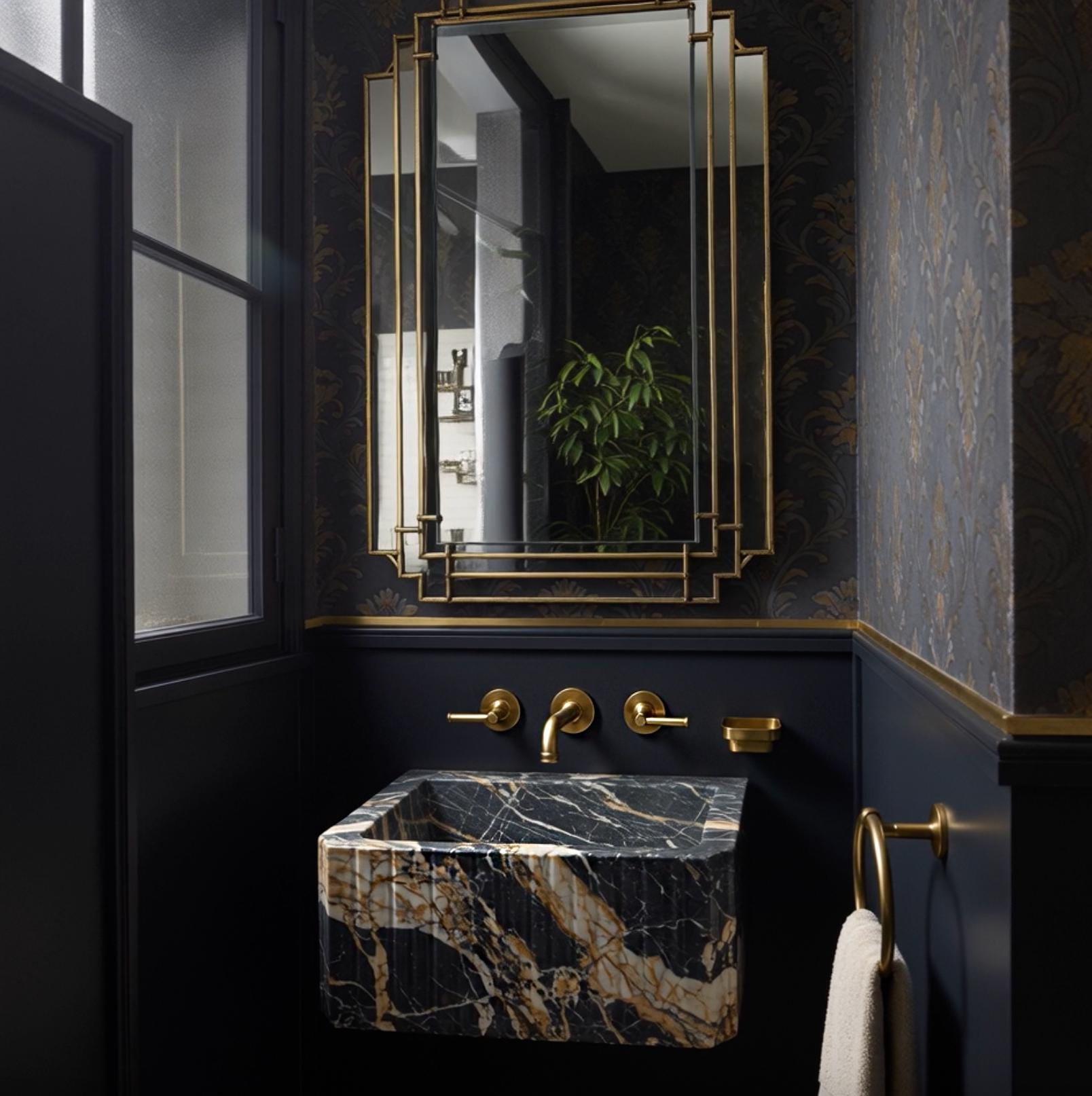 A Picasso marble floating sink with chamfered edges and expressive veining, offering a timeless architectural bathroom design.
