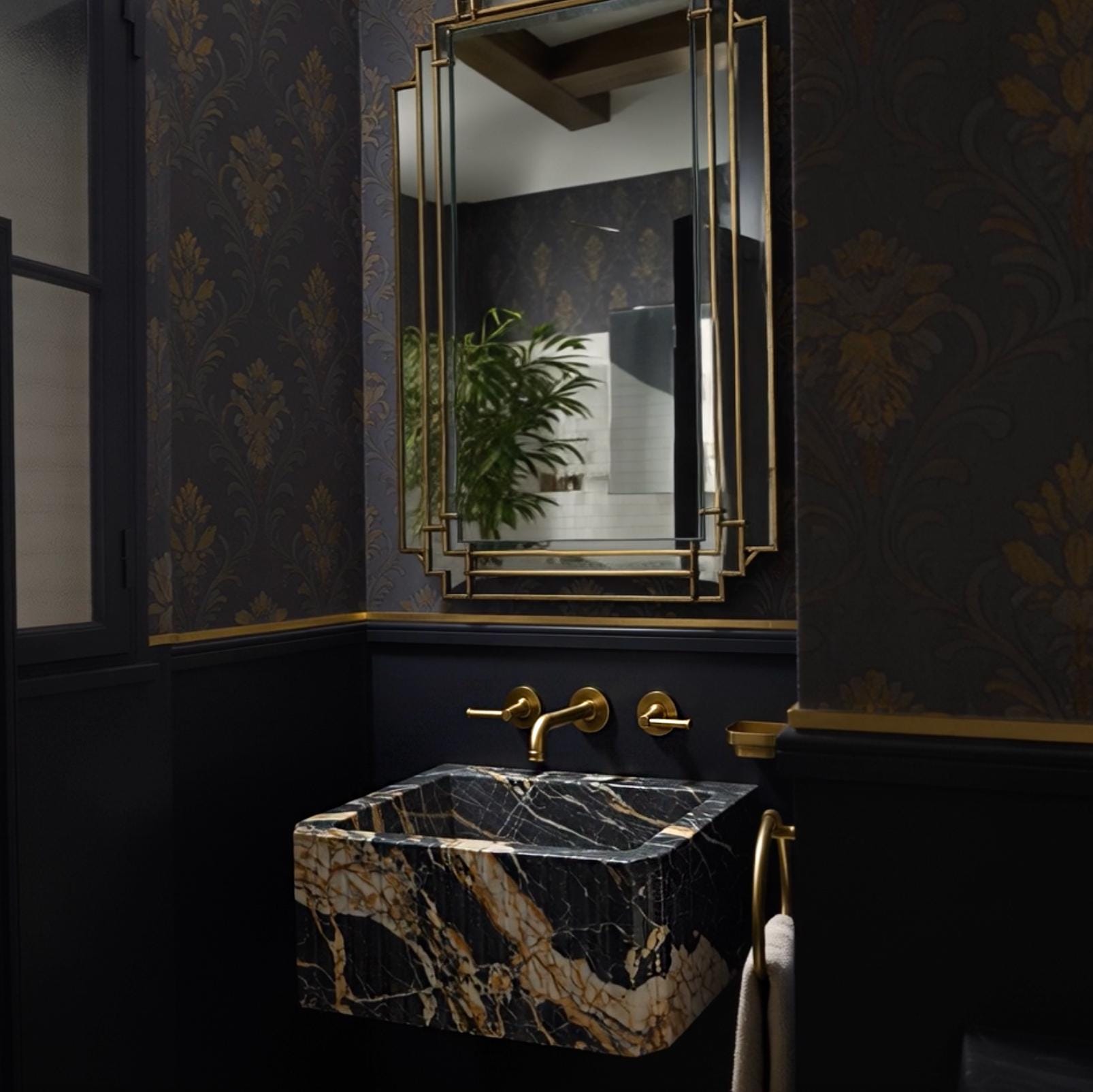 A sculptural Picasso marble floating sink with fluted sides and clean chamfered edges, highlighting bold stone veining.
