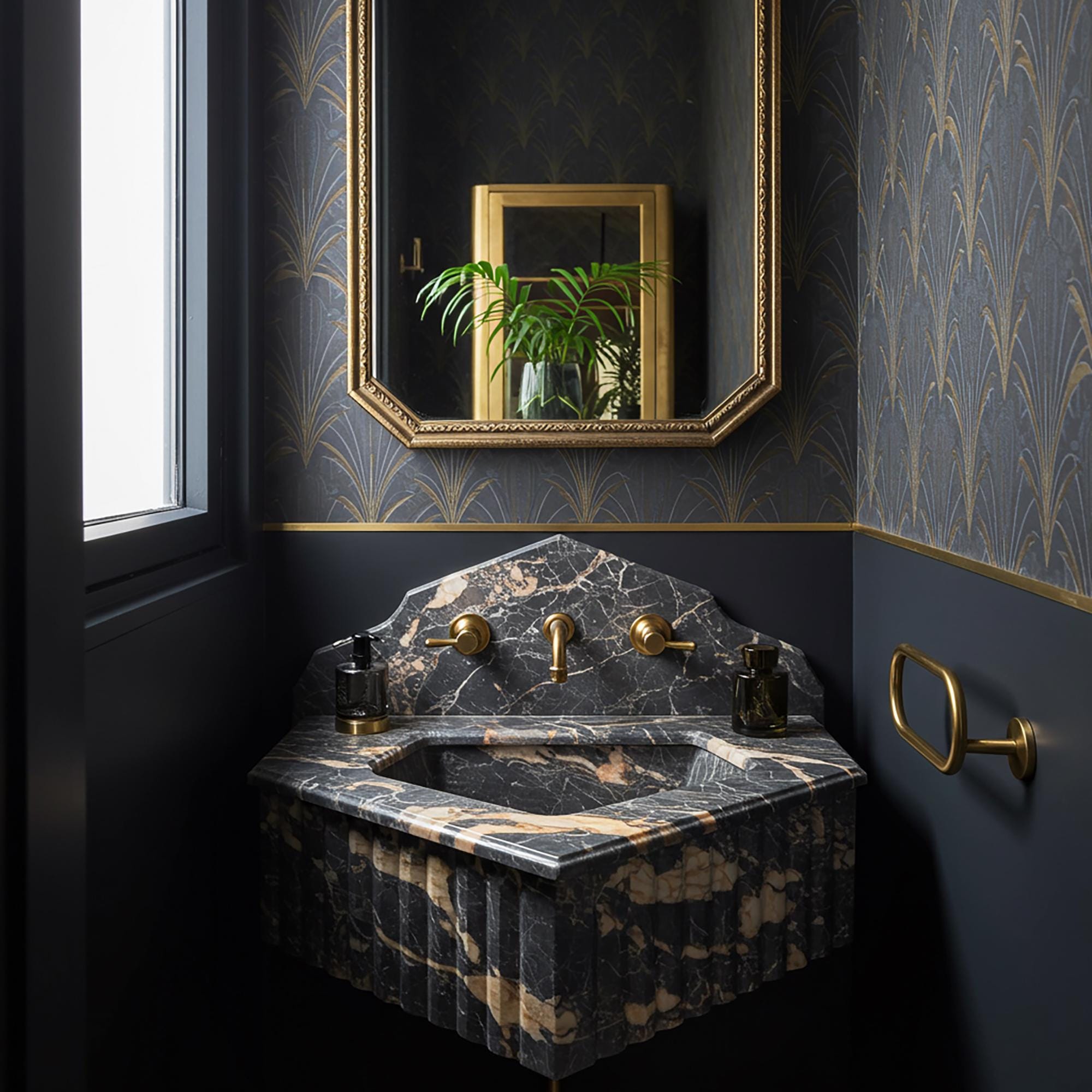 A Picasso marble scalloped corner sink with a high backsplash, featuring dramatic natural veining and brass wall-mounted fixtures.
