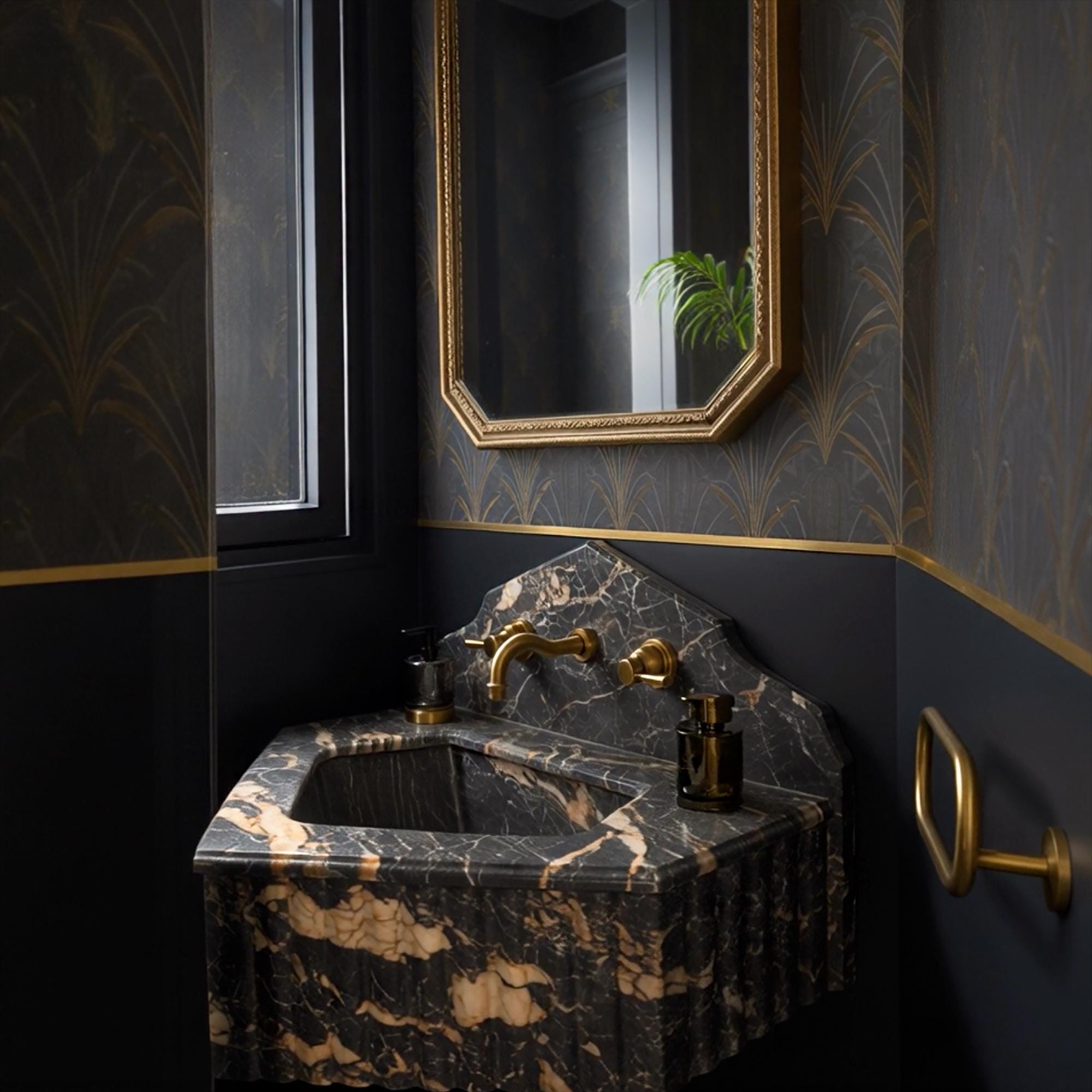 A Picasso marble corner sink crafted from natural stone, designed with scalloped edges and a high backsplash for an elegant bathroom focal point.
