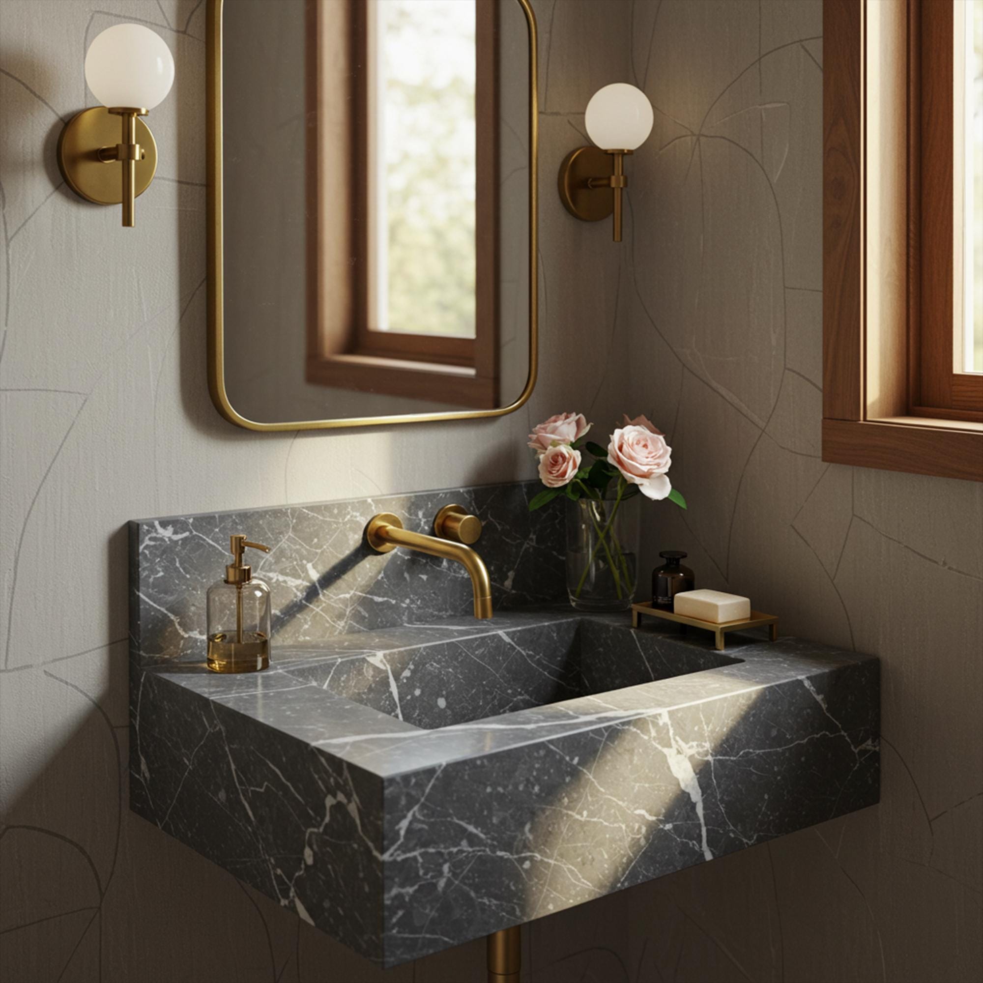 A Pietra Grey marble floating sink with a honed finish and integrated backsplash, featuring soft white veining and brass fixtures in a calm, elegant bathroom.
