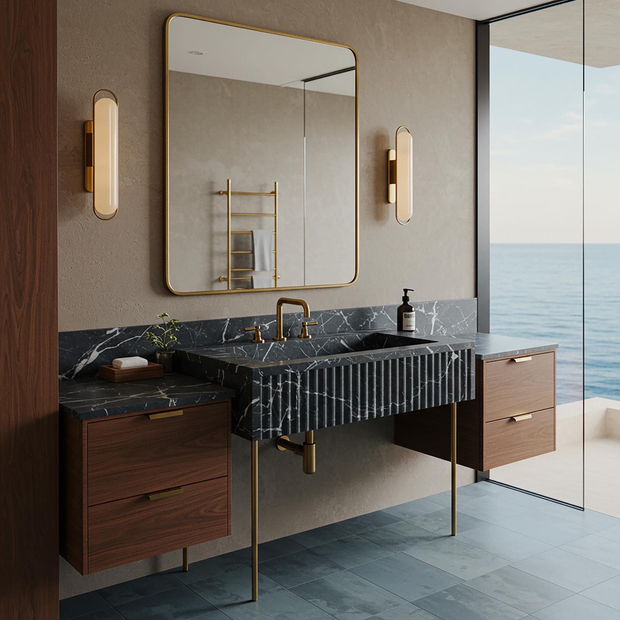 A fluted Pietre Notte marble console with floating side cabinets, offering a timeless and architectural bathroom statement.
