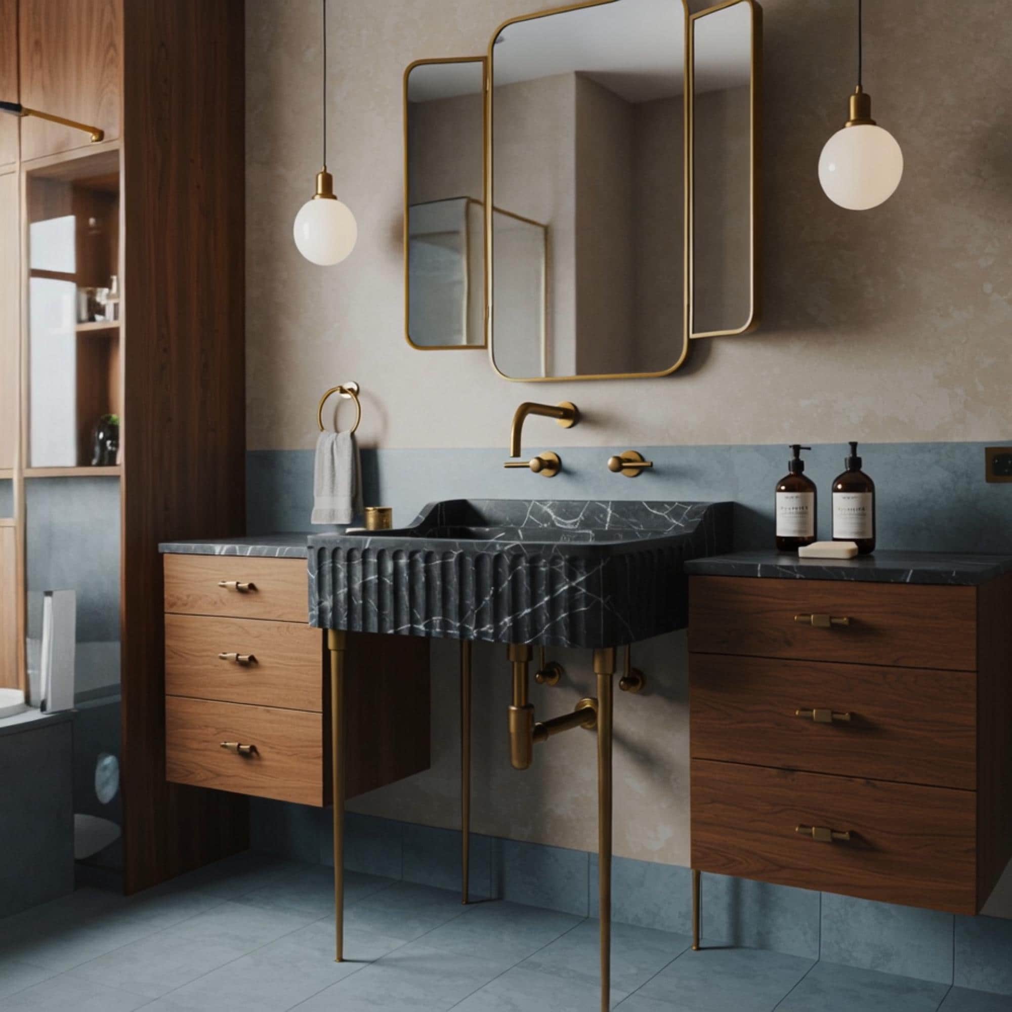 A sculptural Pietre Notte marble fluted console centered between floating wooden cabinets, highlighting balance, contrast, and architectural elegance.
