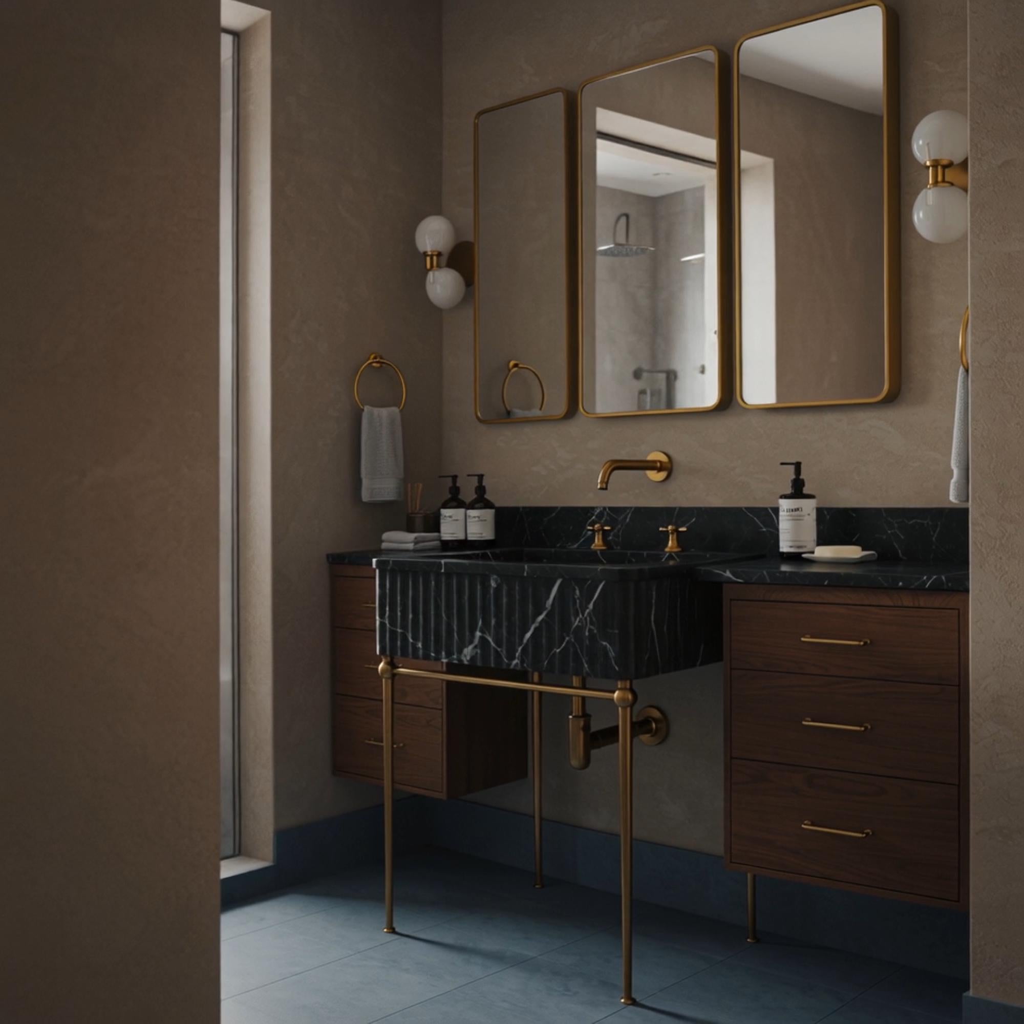 A Pietre Notte marble console crafted from natural stone, featuring fluted detailing, brass legs, and matching floating side cabinets.
