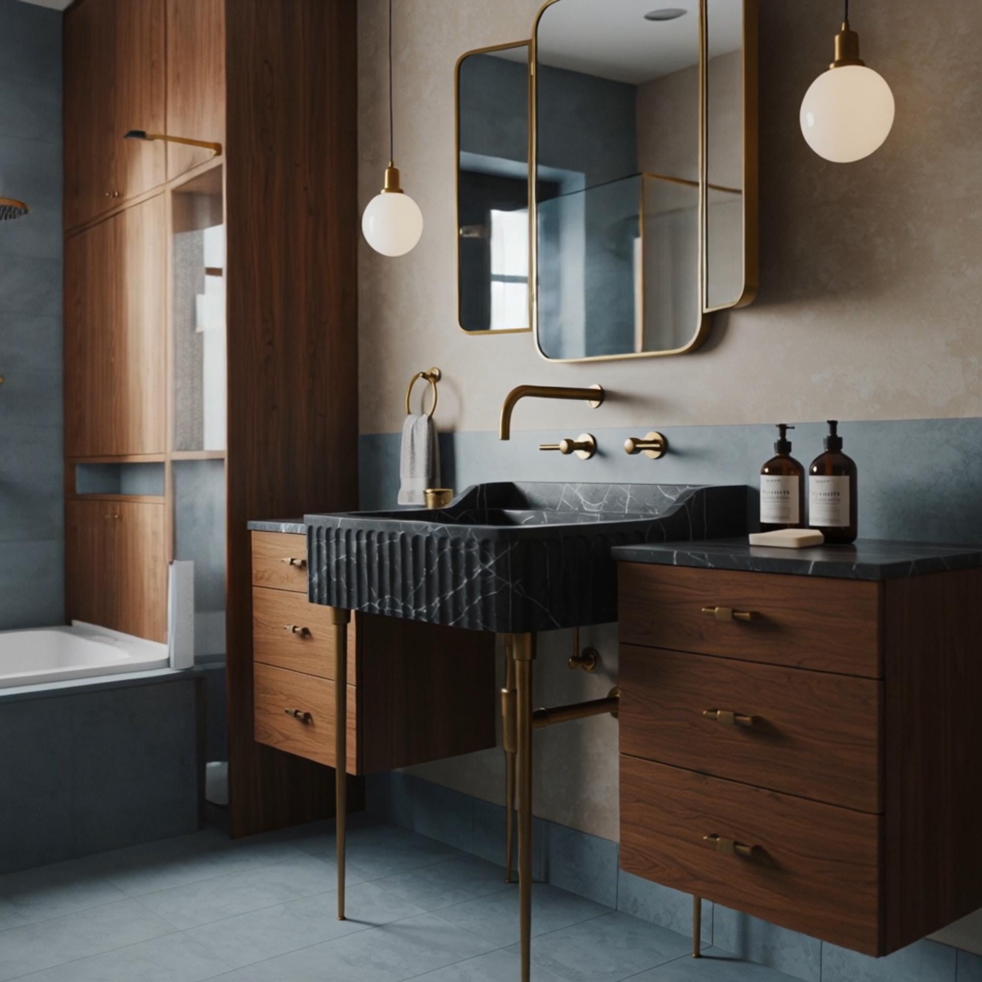 A fluted Pietre Notte marble console with brass legs and floating side cabinets, offering a timeless and high-end bathroom statement.
