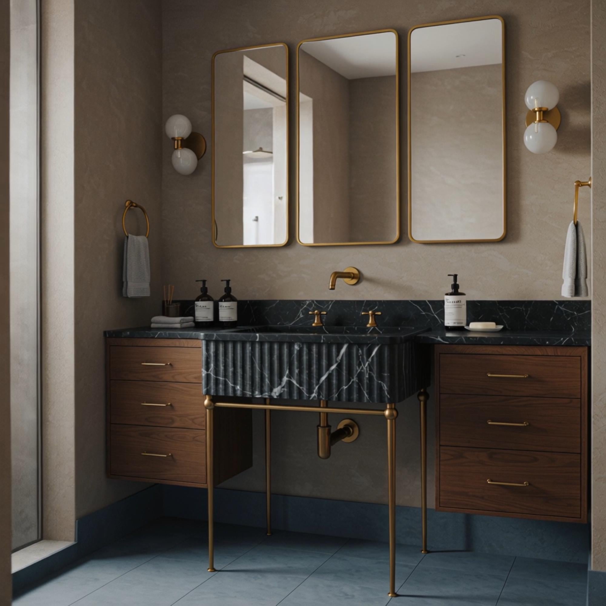 A fluted Pietre Notte marble console with brass legs and floating side cabinets, offering a timeless architectural statement.
