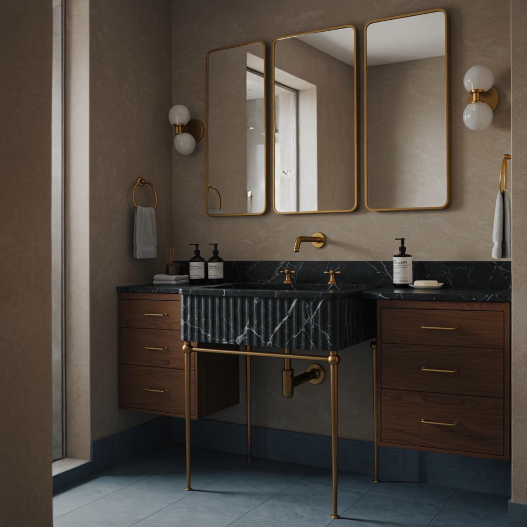 A sculptural Pietre Notte marble fluted console centered between floating wood cabinets, highlighting contrast and symmetry.
