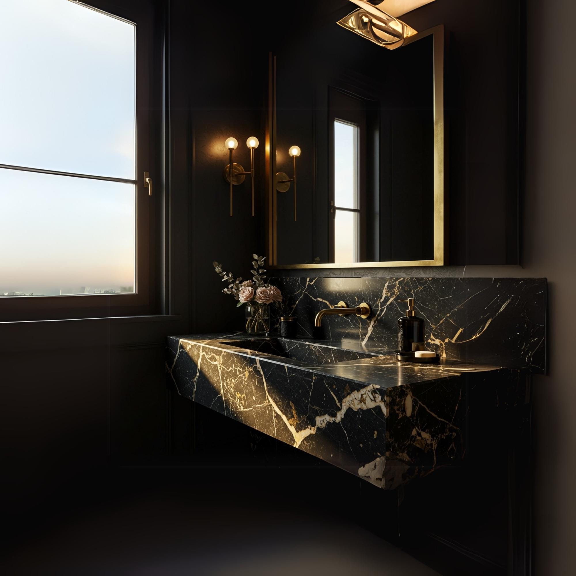 A Pietre Notte marble floating vanity with deep black stone and gold veining, paired with brass fixtures in a dark, elegant bathroom interior.
