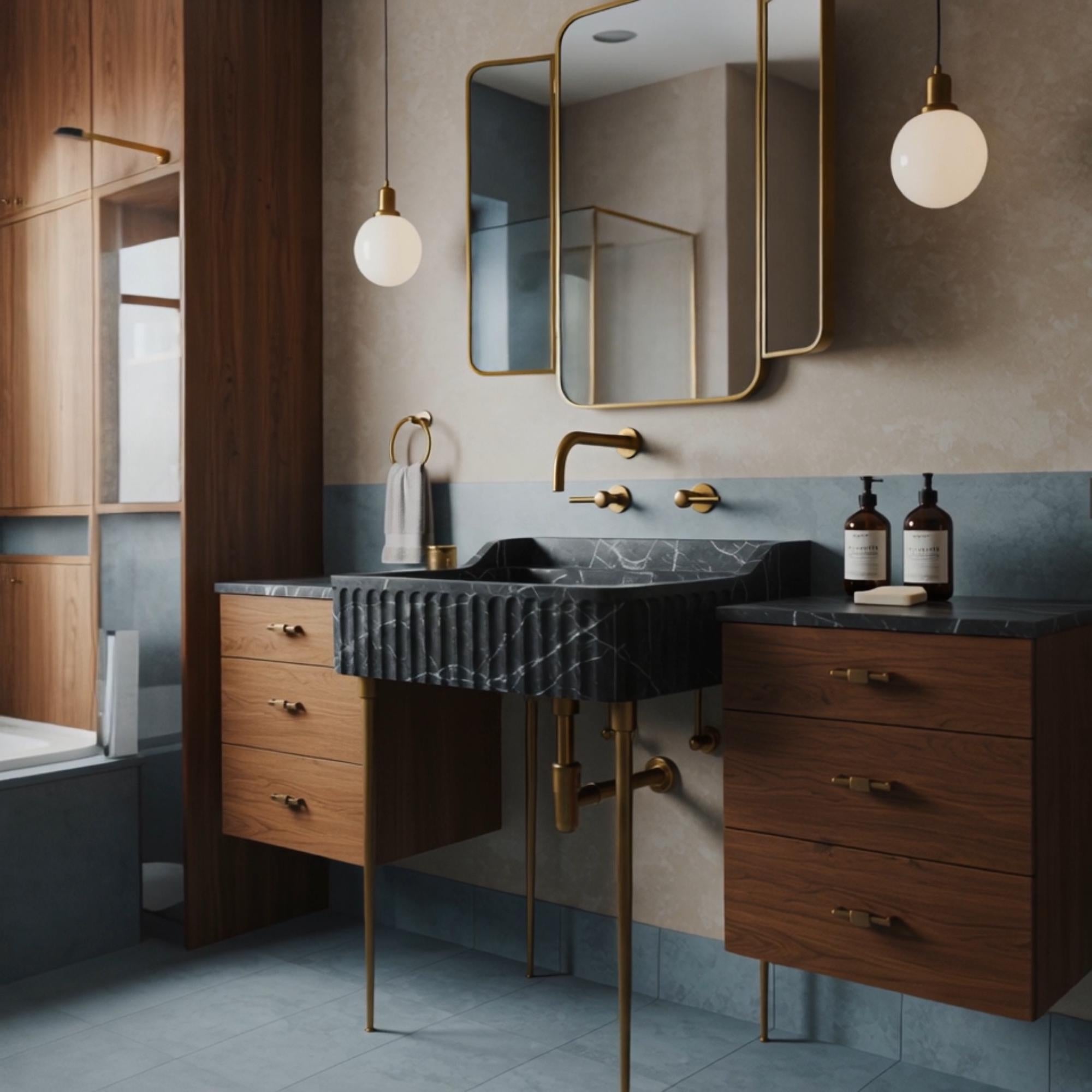 A Pietre Notte marble fluted console with brass accents, styled with floating side cabinets to create a sophisticated and functional bathroom composition.
