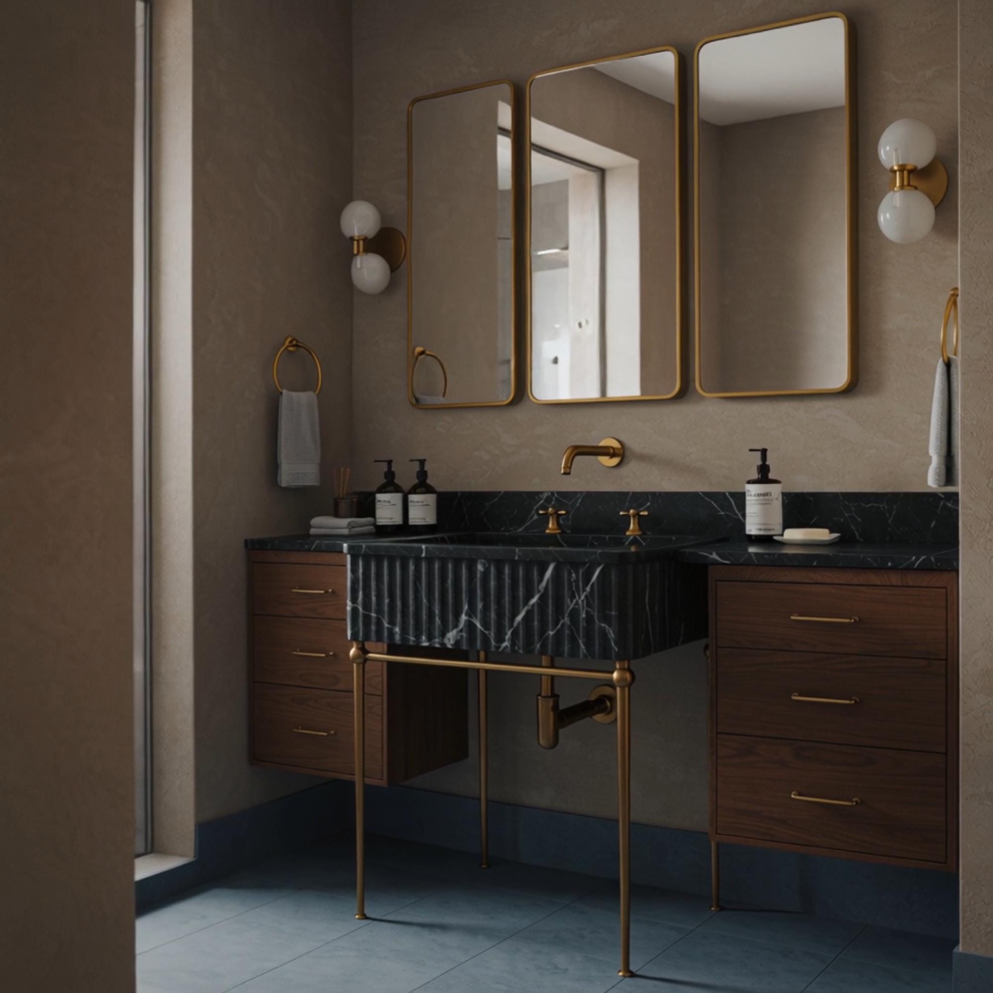 A Pietre Notte marble fluted console styled with brass fixtures and floating side cabinets in a refined bathroom interior.
