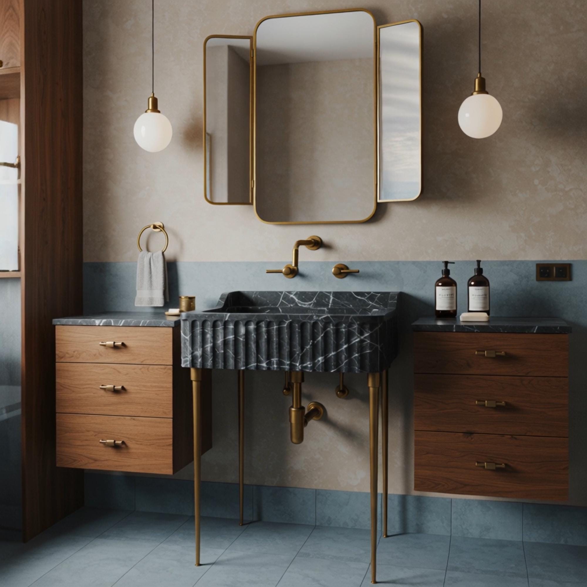 A Pietre Notte marble console crafted from natural stone, featuring fluted detailing, brass legs, and matching floating side cabinets for a luxury interior.
