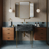 A Pietre Notte marble fluted console sink with dramatic white veining, paired with brass legs and floating wooden side cabinets in a refined bathroom setting.
