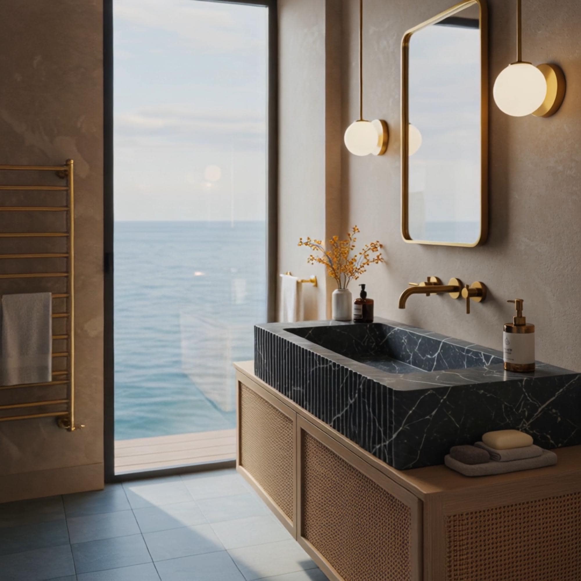 A floating vanity featuring fluted Pietre Notte marble and a rattan base, merging modern luxury with natural texture.