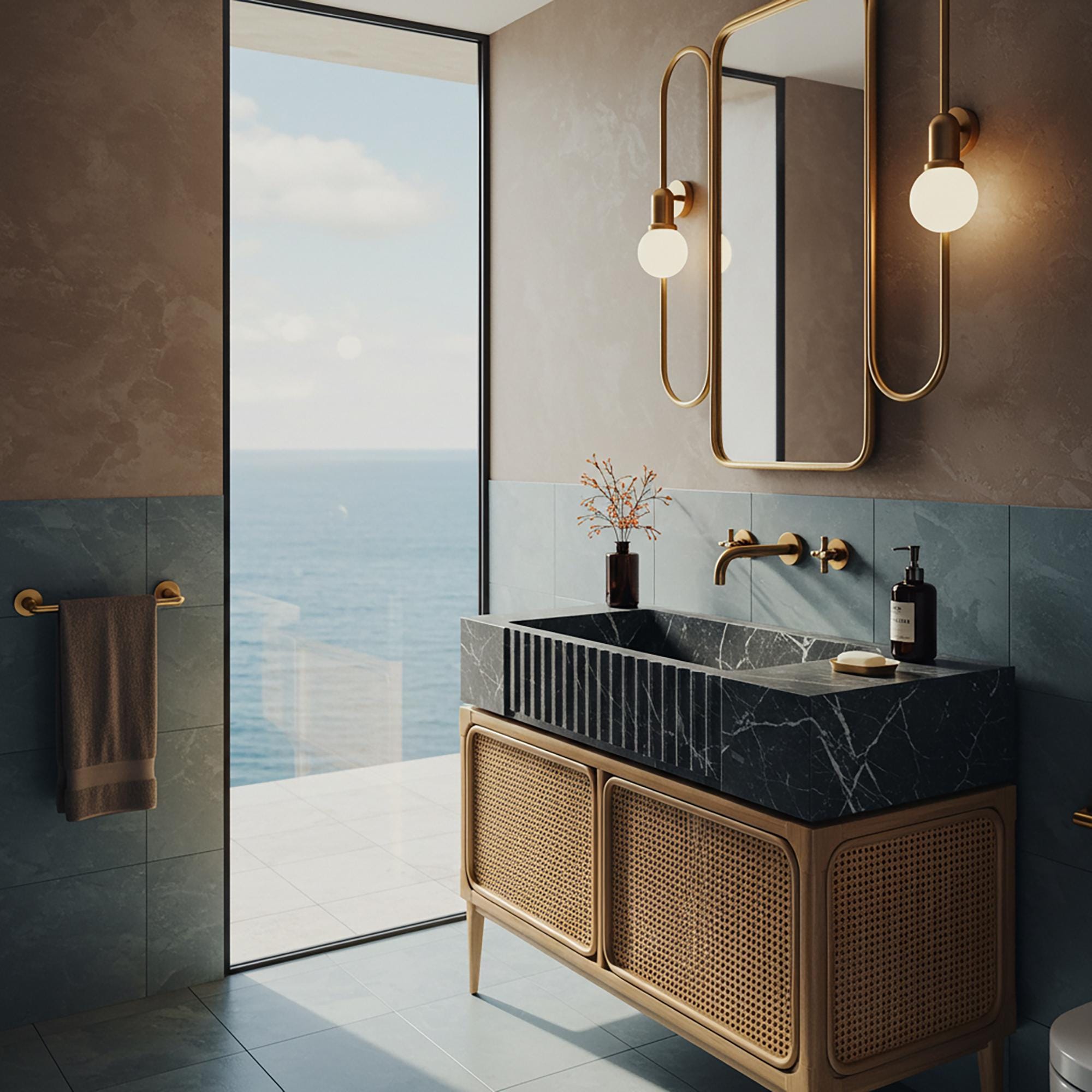 A sculptural fluted vanity in Pietre Notte marble paired with a rattan cabinet, designed for high-end natural elegance.