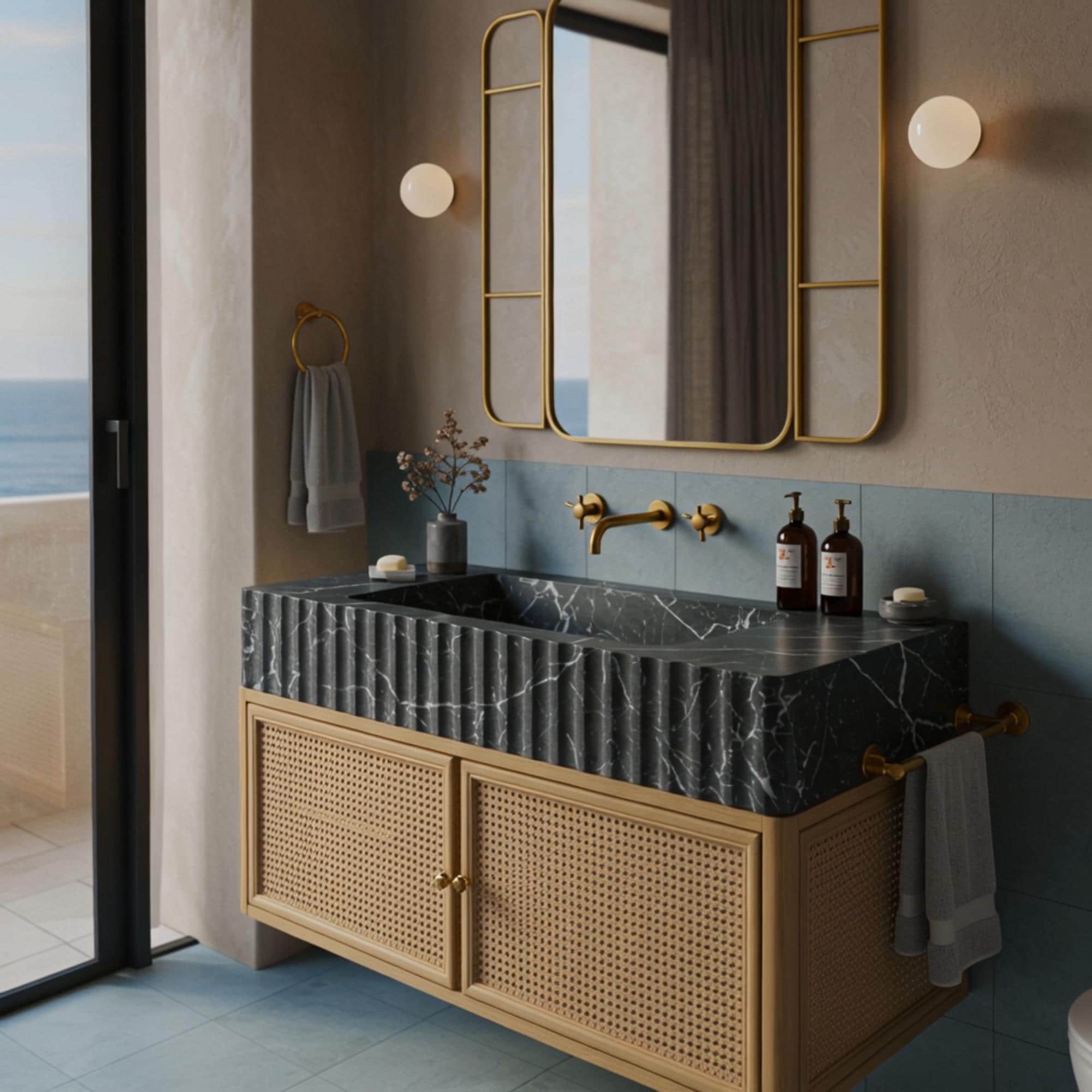 A sleek bathroom vanity made with Pietre Notte marble and woven rattan doors, designed for refined modern living.