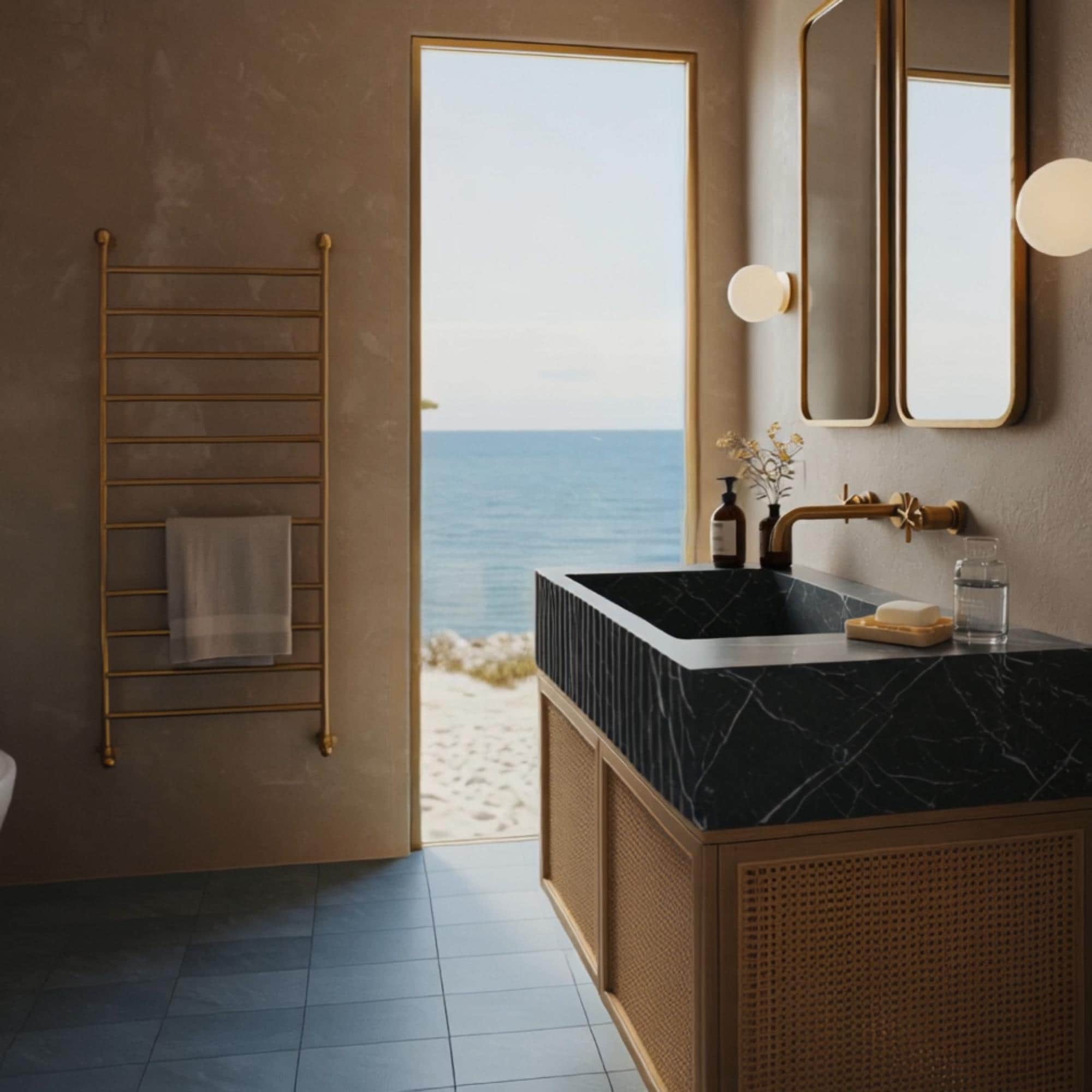 This modern console features a Pietre Notte marble sink and woven rattan base, perfect for elevated earthy aesthetics.