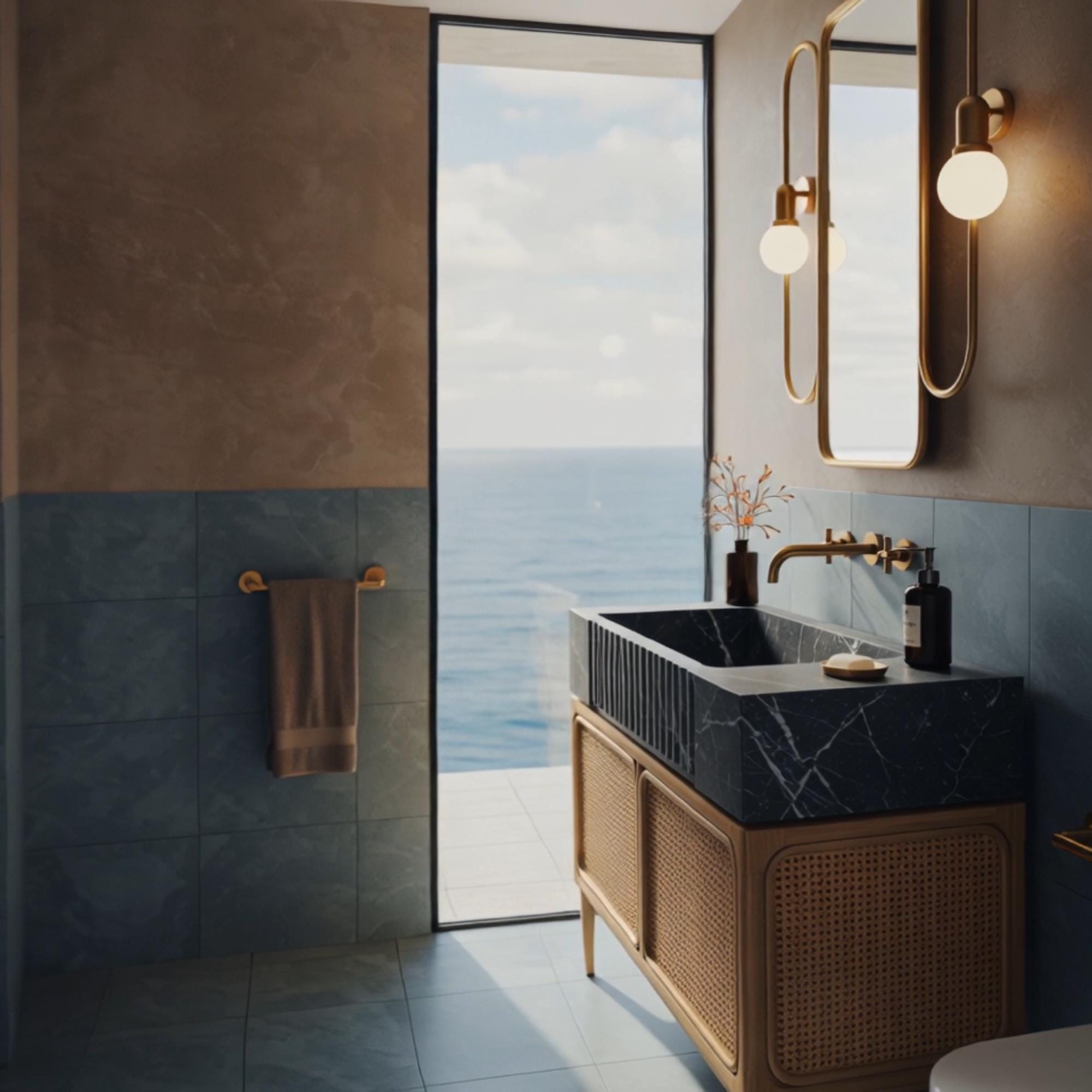 This vanity features deep fluted black marble and light rattan doors, creating a balanced and upscale contrast.