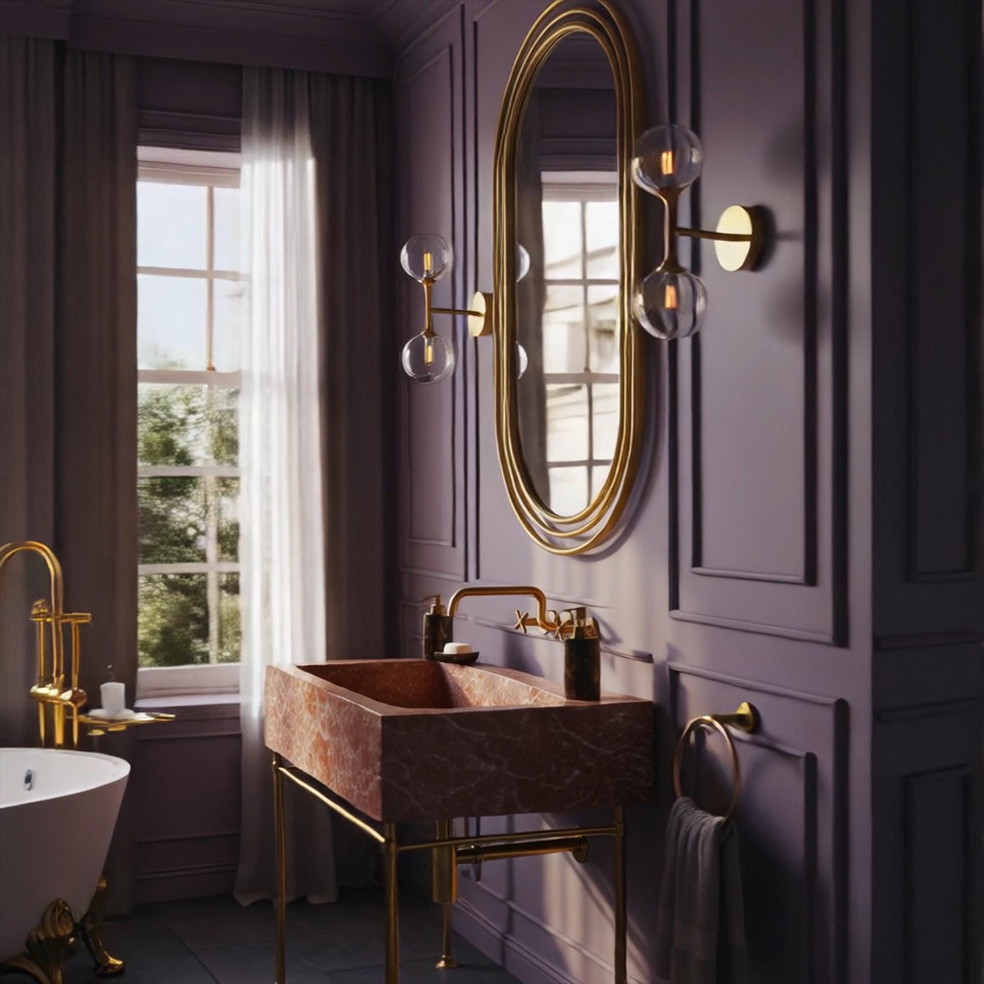 This elegant pink marble sink features a minimalist brass frame, perfect for chic and timeless powder rooms.