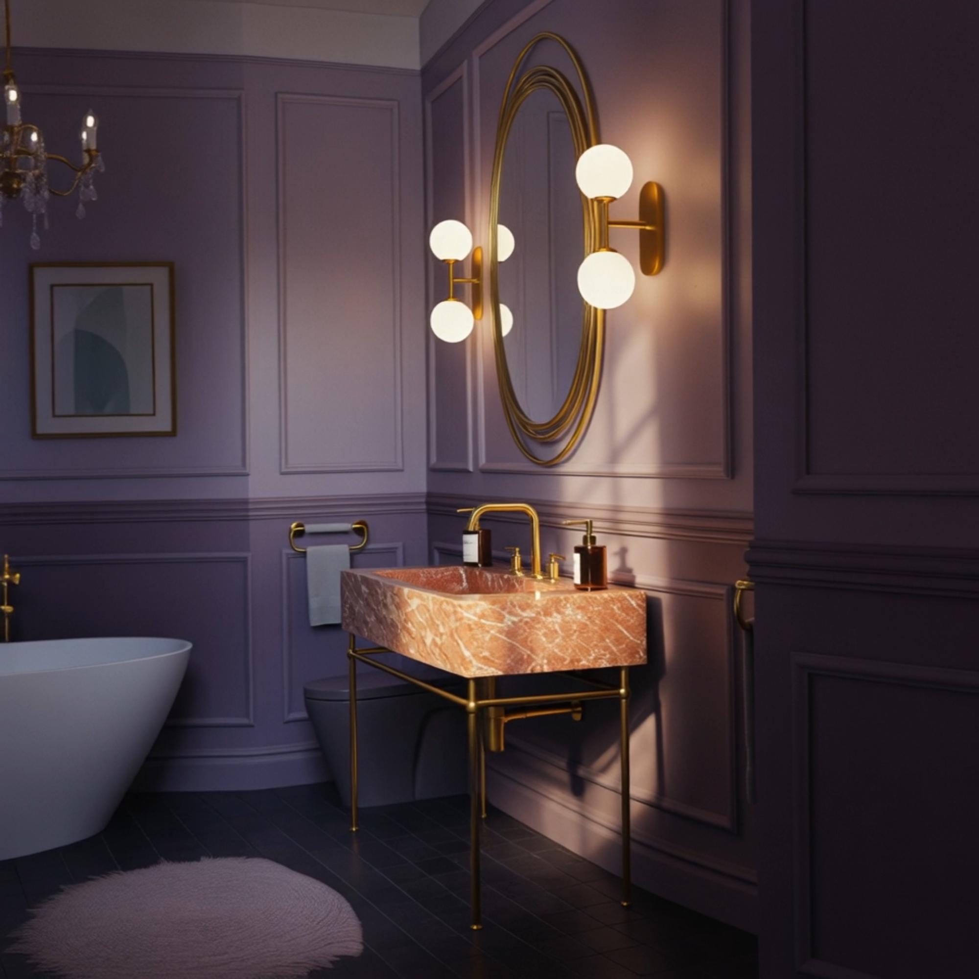 This pink marble sink with a gold stand offers a perfect blend of modern minimalism and classic elegance.