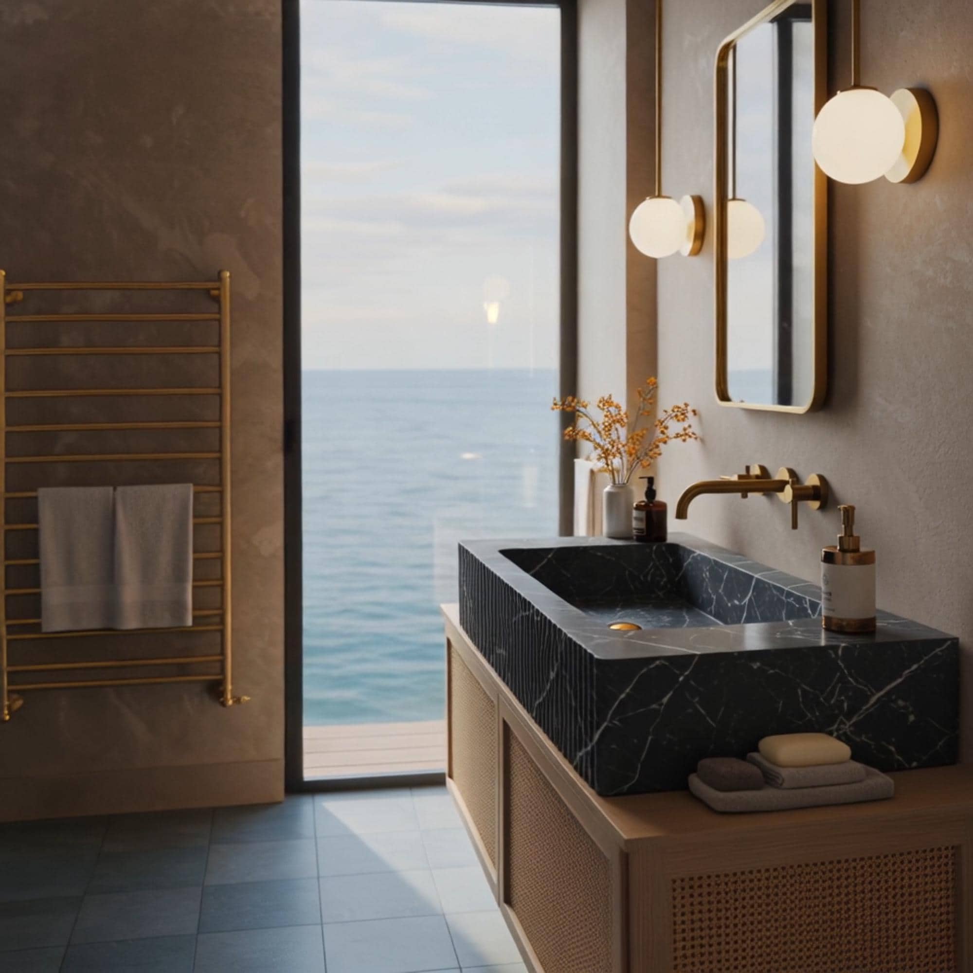 A black fluted marble console paired with a floating rattan cabinet brings a calming yet luxurious tone to modern bathrooms.