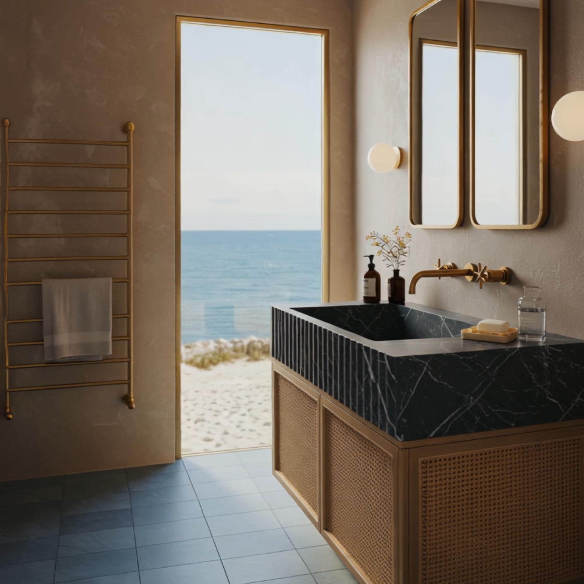A floating vanity that combines black fluted marble and natural rattan for a high-design yet grounded bathroom look.