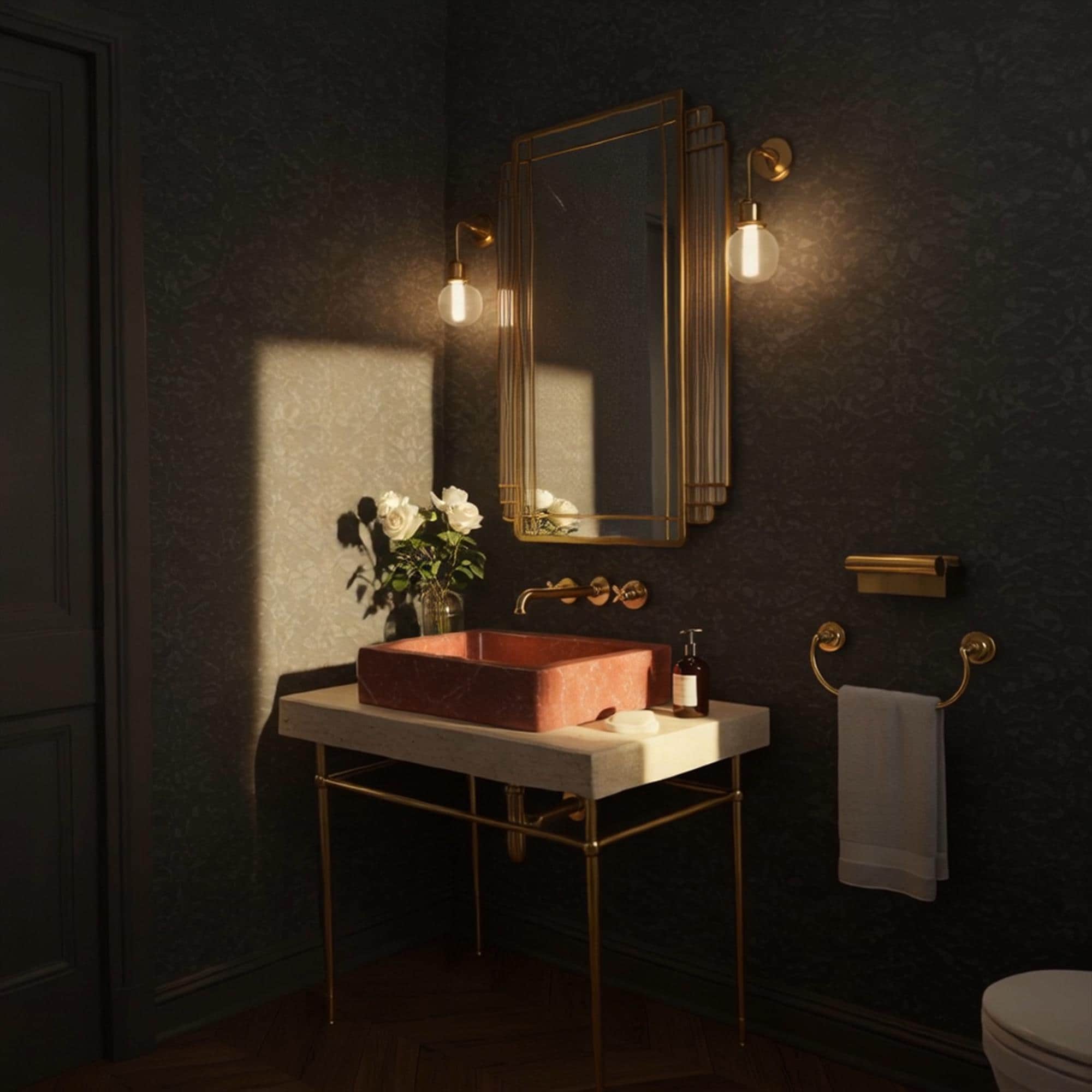 This red marble sink sits on a travertine vanity with a gold stand, designed to impress in luxury powder rooms.