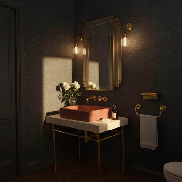 Rosso Levanto Marble Vessel Sink on Travertine Console (Brass Stand) M9M49 hover