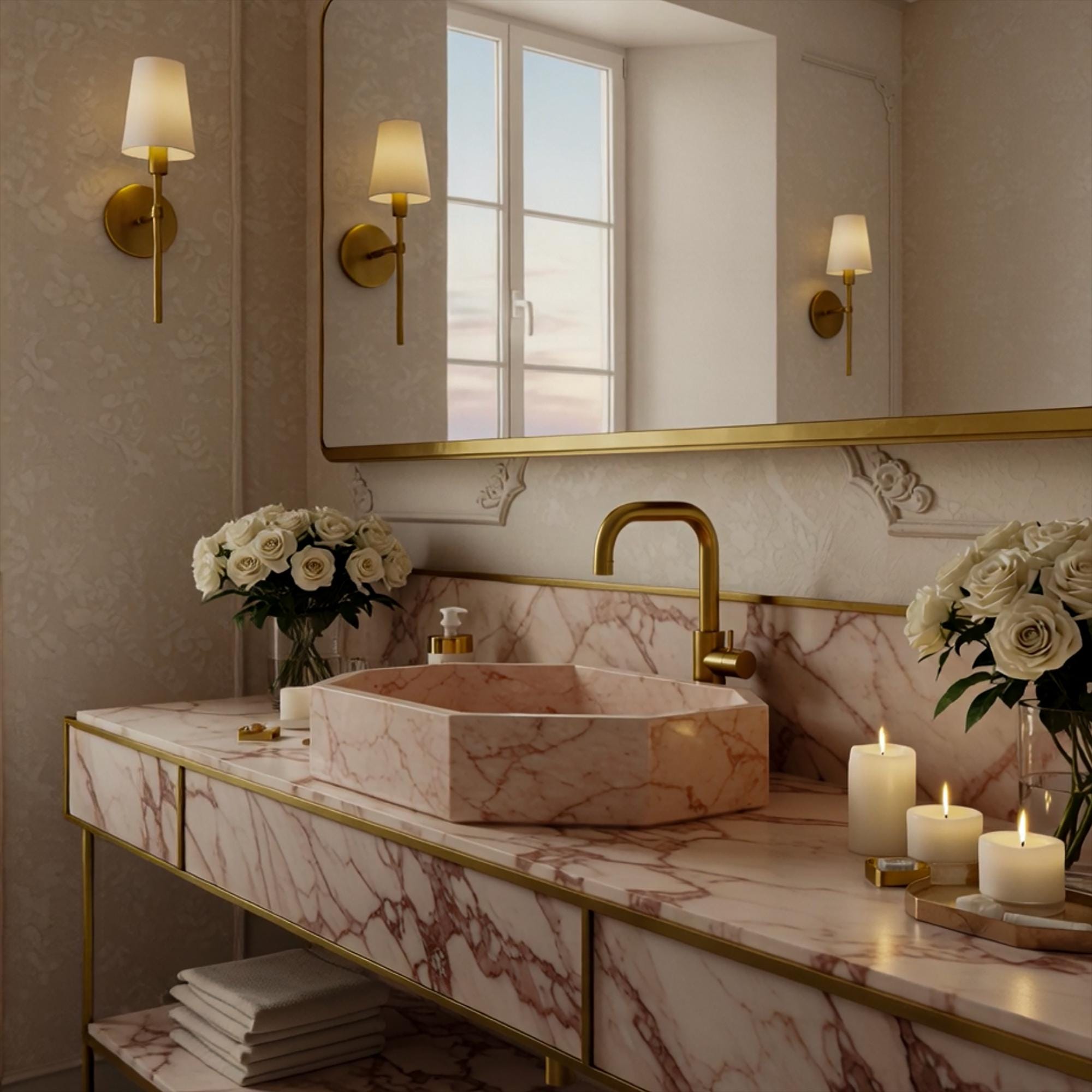 An octagonal Rosa Portogallo marble sink highlighting delicate pink veining, presented on a brass console with clean architectural lines.
